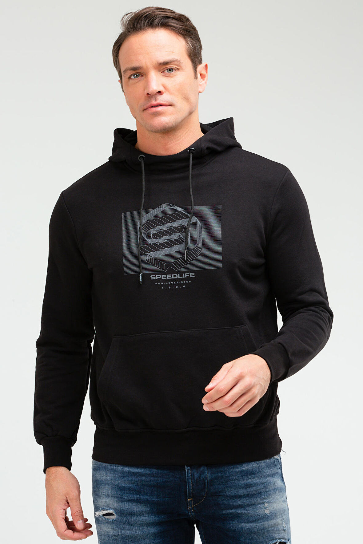 Speedlife Siyah Regular Pamuklu Kanguru Cep Kapüşonlu Erkek Sweatshirt XC2219 | XL