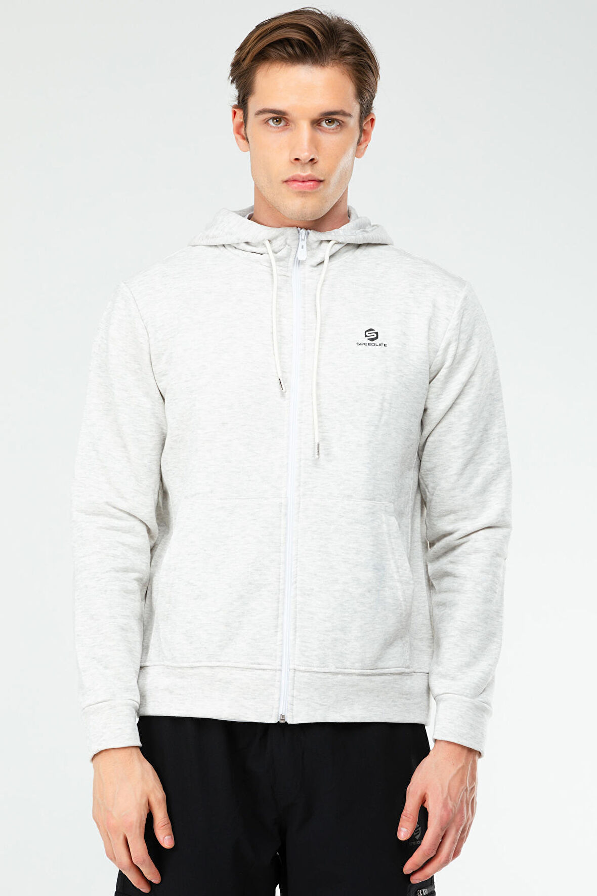 Speedlife Gri Melanj Regular Pamuklu Kapüşonlu Erkek Sweatshirt XC2248 | M