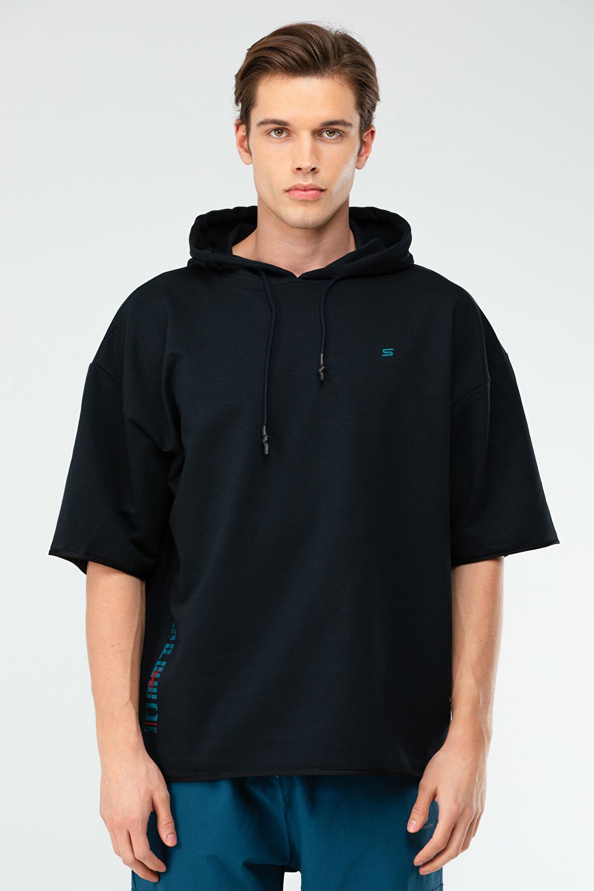 Speedlife Lacivert Oversize Pamuklu Kapüşonlu Kısa Kol Erkek Sweatshirt XC2319 | M