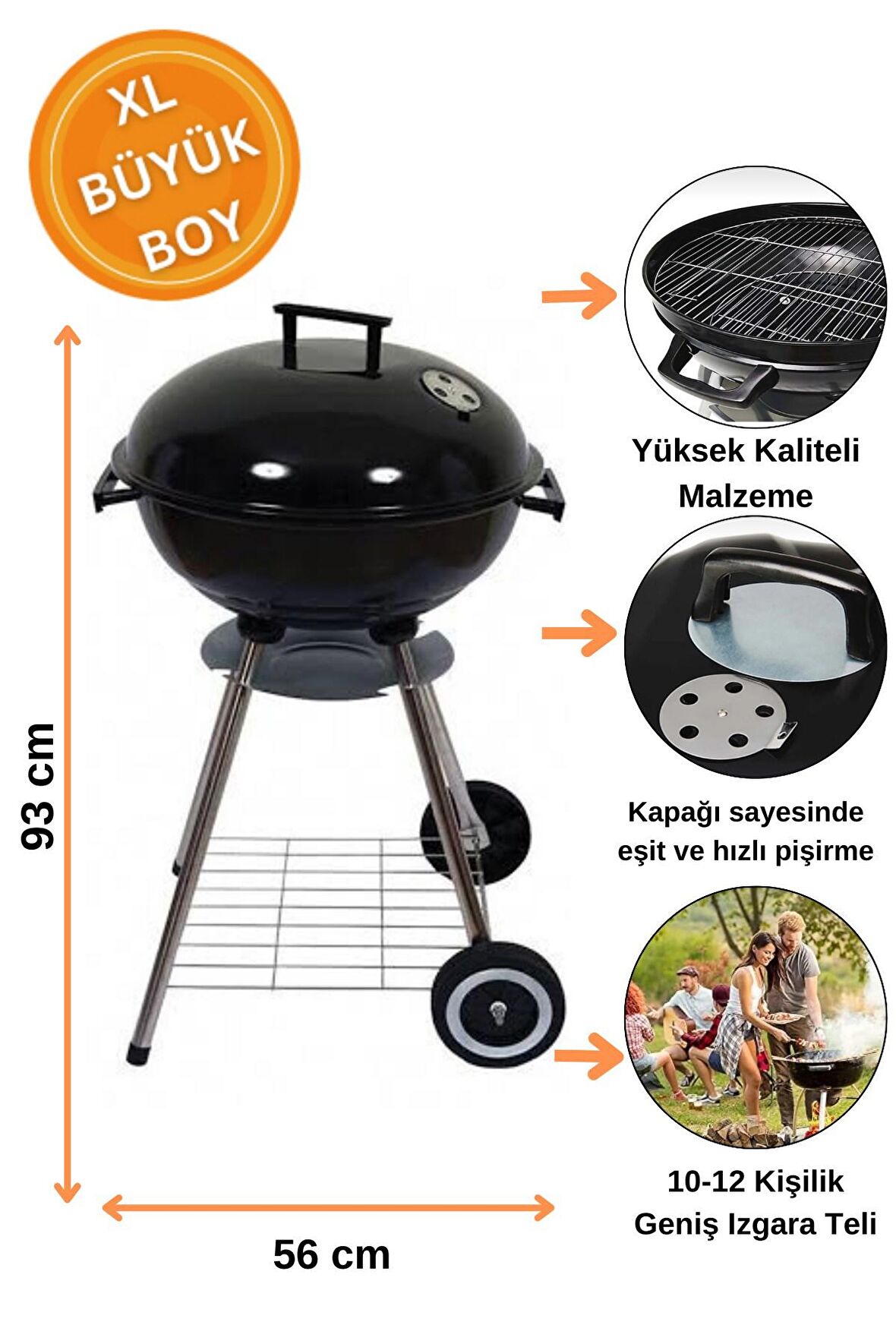  Büyük Boy Küre Mangal Kapaklı Tekerlekli Mangal Barbekü 56cm 