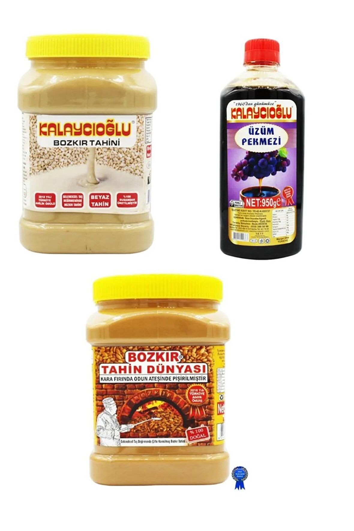 Beyaz Bozkır tahini 935 gr + Bozkır Tahin Dünyası (kepeksiz) tahin 935 gr + Üzüm Pekmezi 950 gr Ekonomik Paket