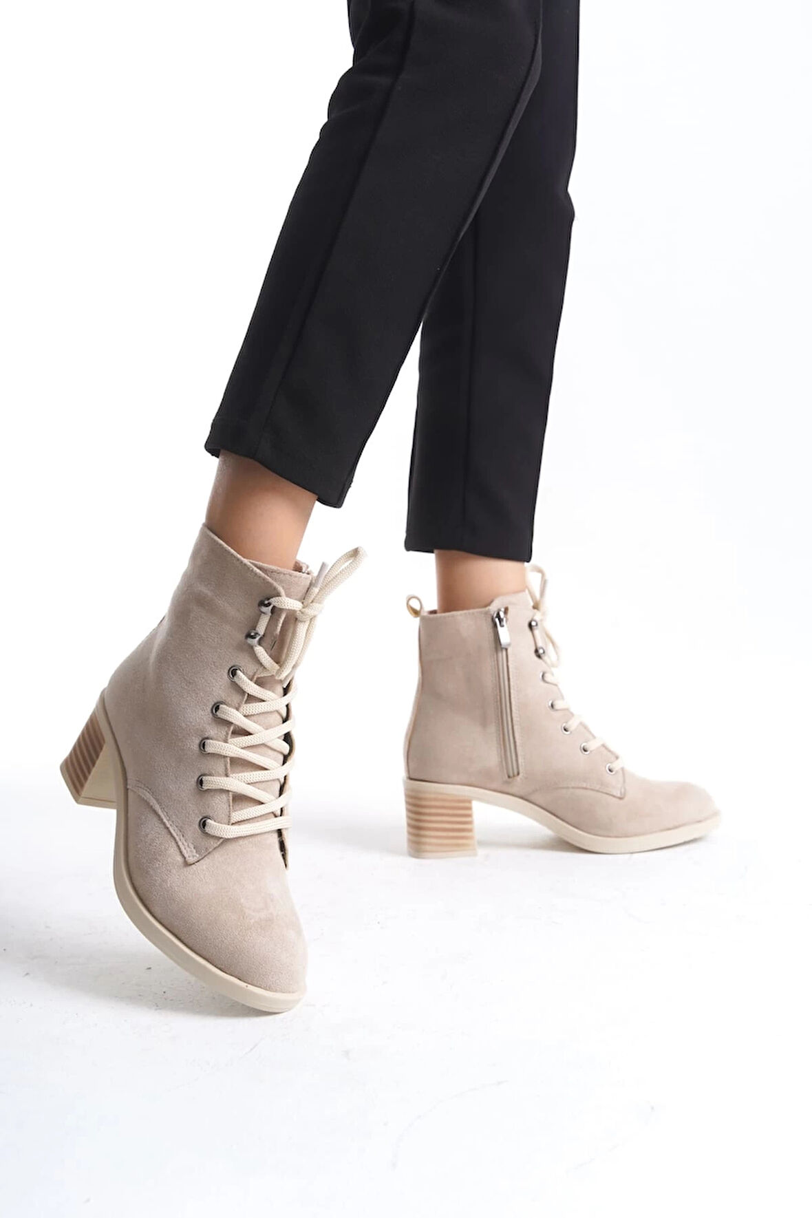 LENA Bağcıklı Fermuarlı Ortopedik Taban Topuklu Süet Kadın Bot  STT - Ten