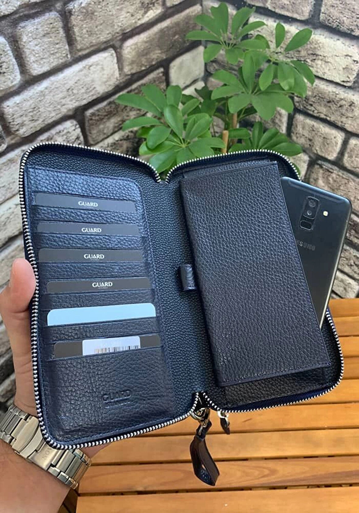 Guard Çift Fermuarlı Lacivert Deri El Çantası