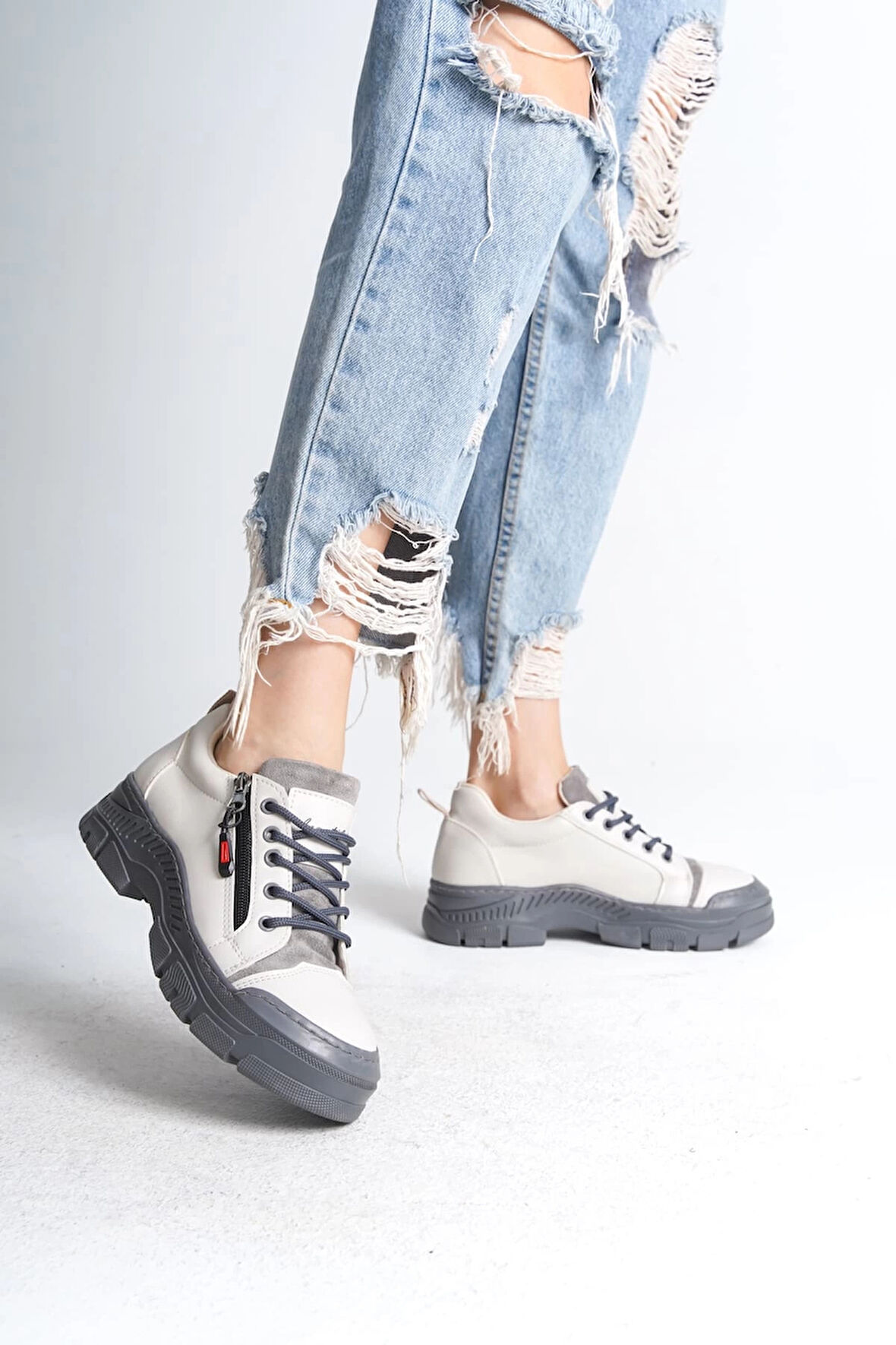 AGATHA Bağcıklı Fermuarlı Ortopedik Taban Kadın Sneaker Spor Ayakkabı CGT - Krem