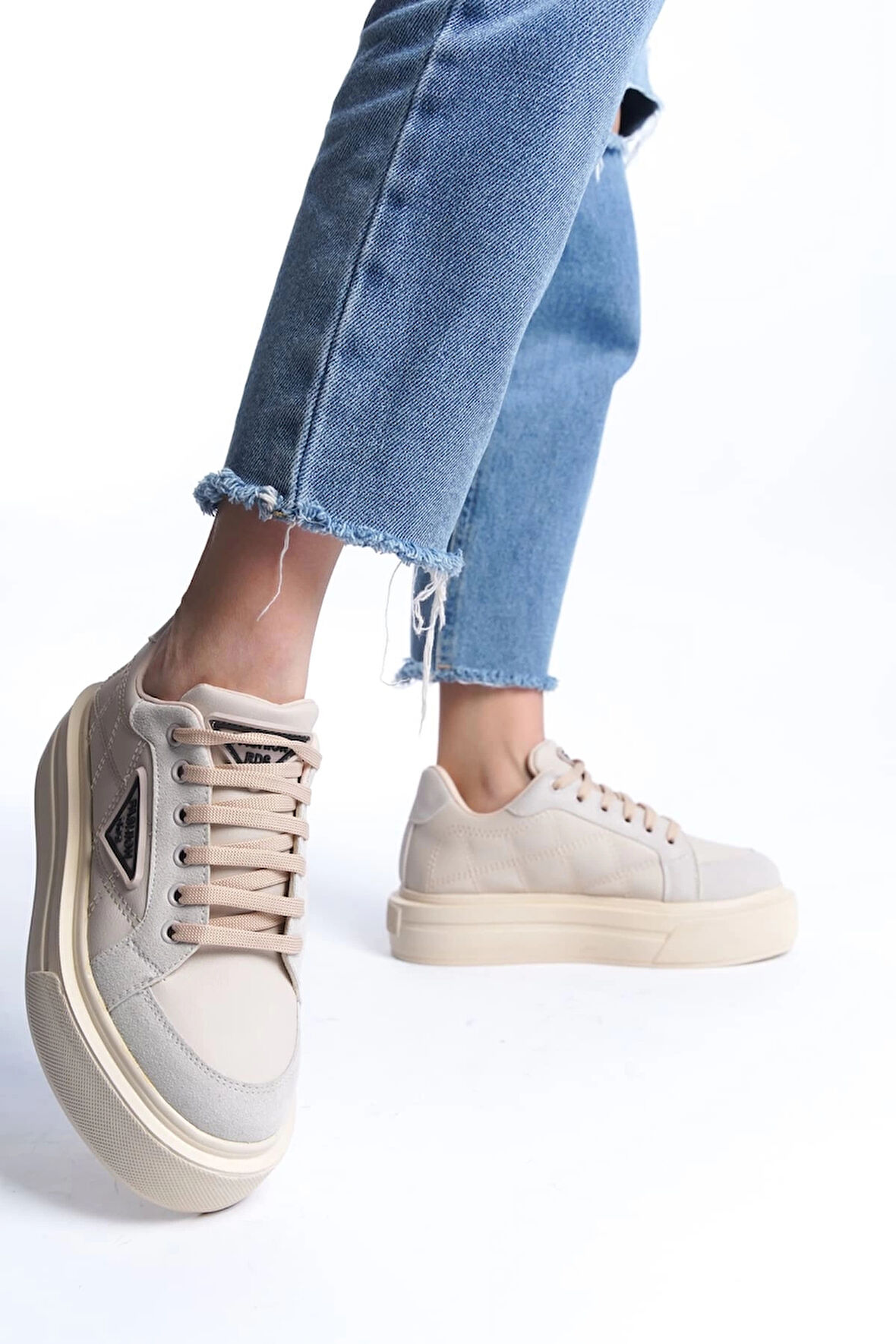 PRAG Bağcıklı Ortopedik Taban Desenli Kadın Sneaker Spor Ayakkabı  CKT - Krem