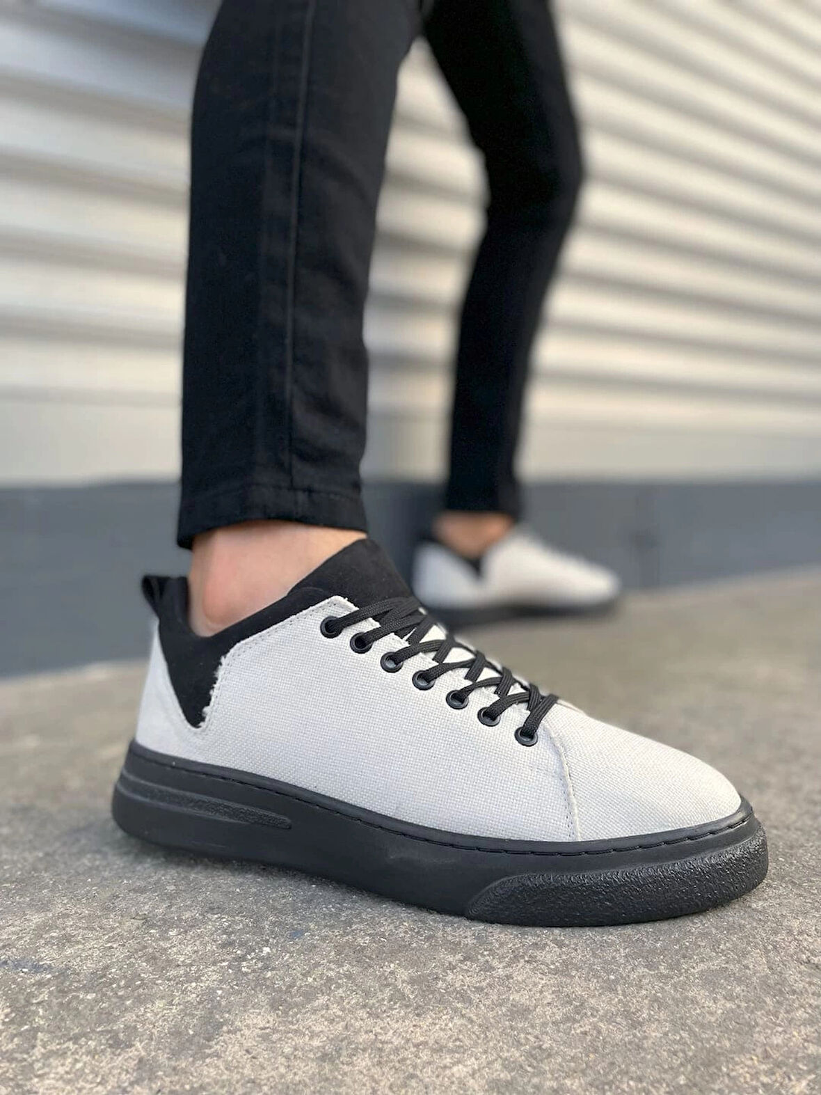 JY204 Flex Bağcıklı Keten Kumaş Erkek Günlük Sneaker Ayakkabı KST - Beyaz/Siyah