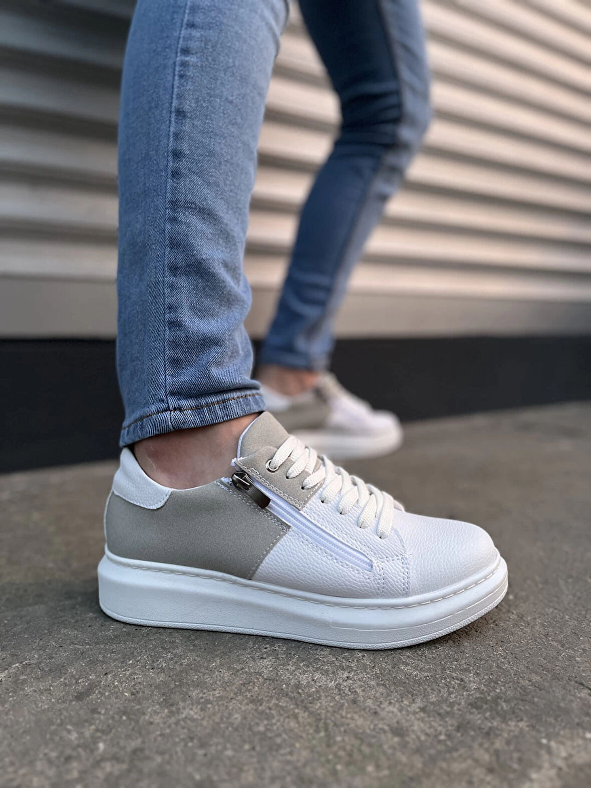 JY155 Warrior Bağcıklı ve Fermuarlı Cilt Süet Erkek Günlük Sneaker Ayakkabı CSBT - Beyaz/Gri