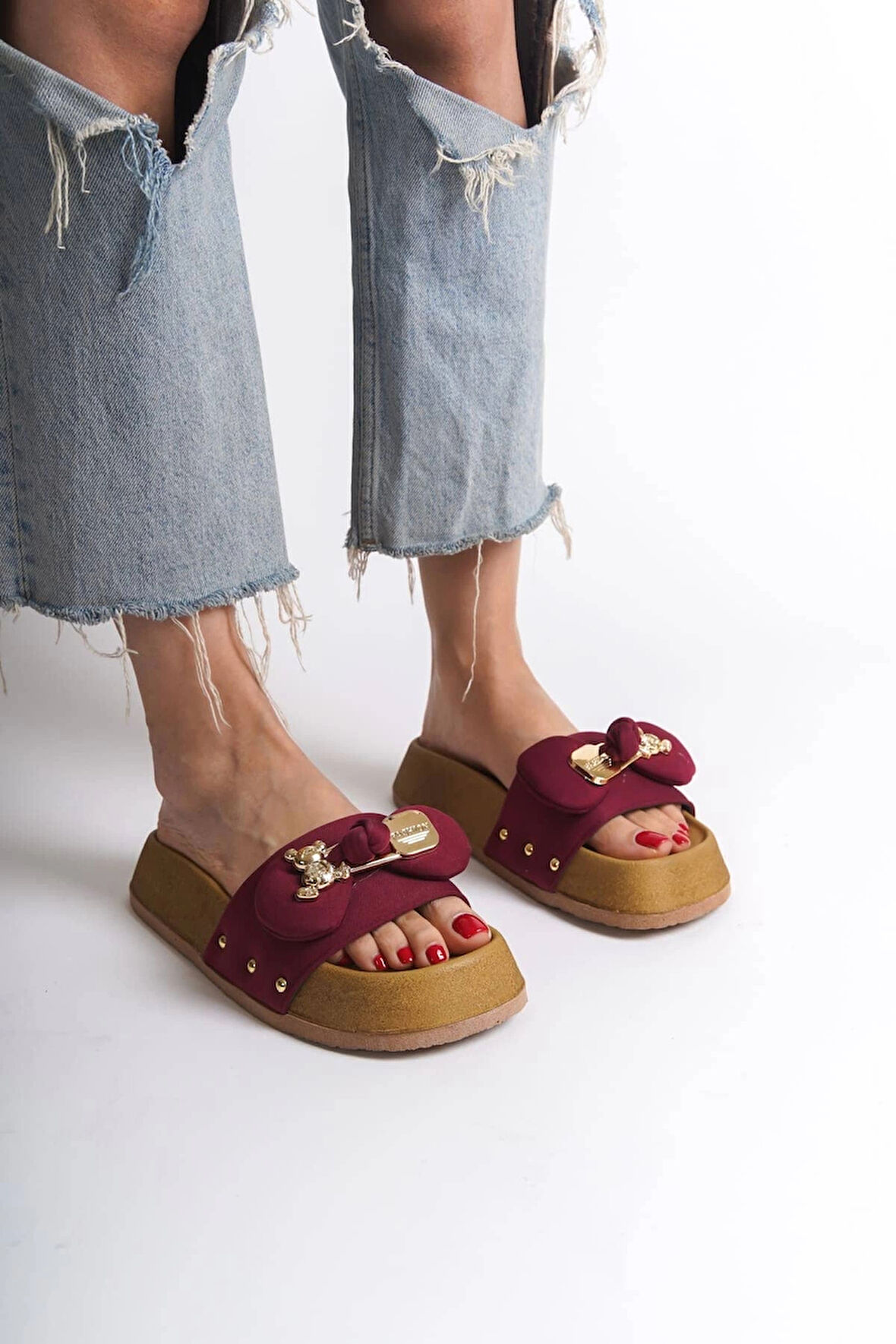 DILA Kalın ve Ortopedik Taban Ayıcıklı Saten Kadın Terlik  SKT - Bordo