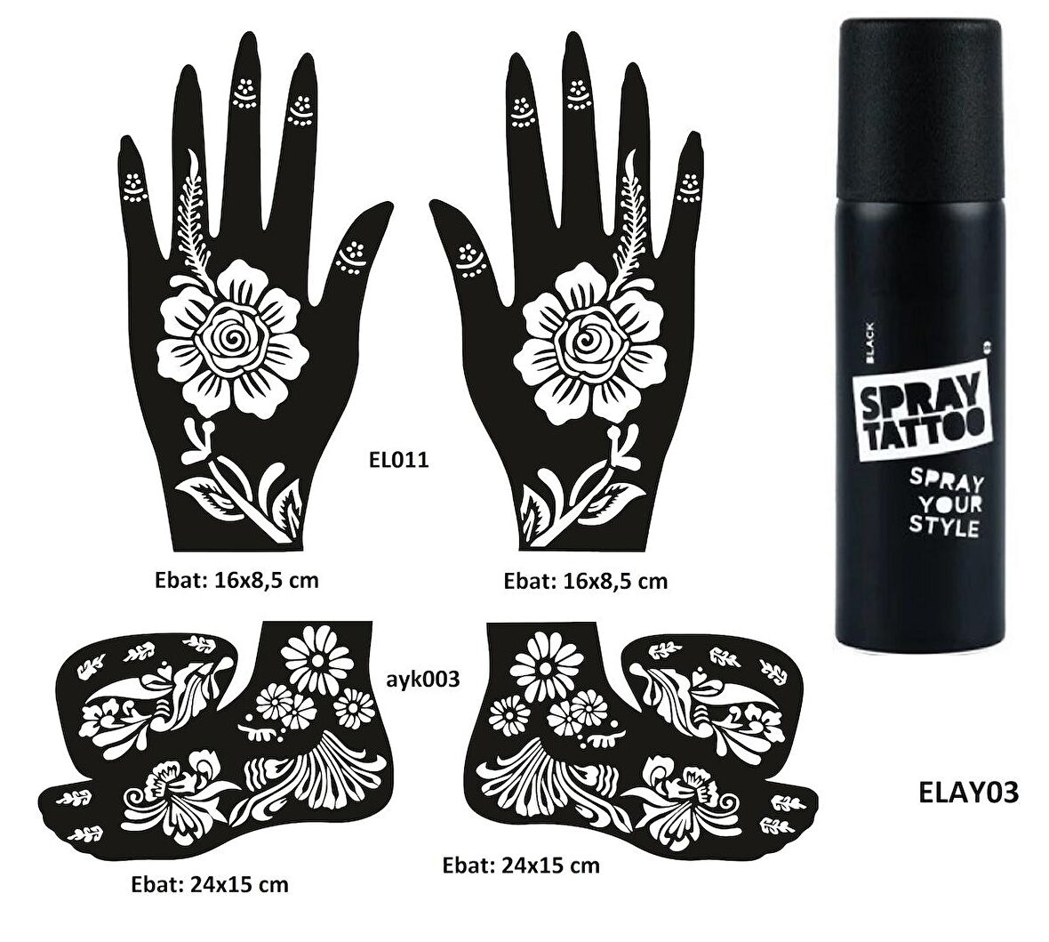 Karanfil Model El Ayak Geçici Dövme Seti Spray Tattoo Dark Siyah Renk