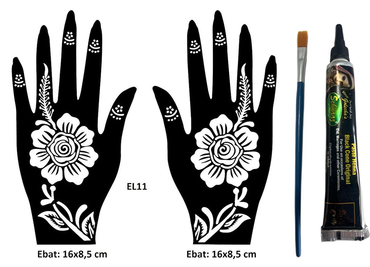 Karanfil Desenler El Üstü Dövme Seti 2 Adet Kına Kalıbı Siyah Kına ve Fırça Hediyeli  