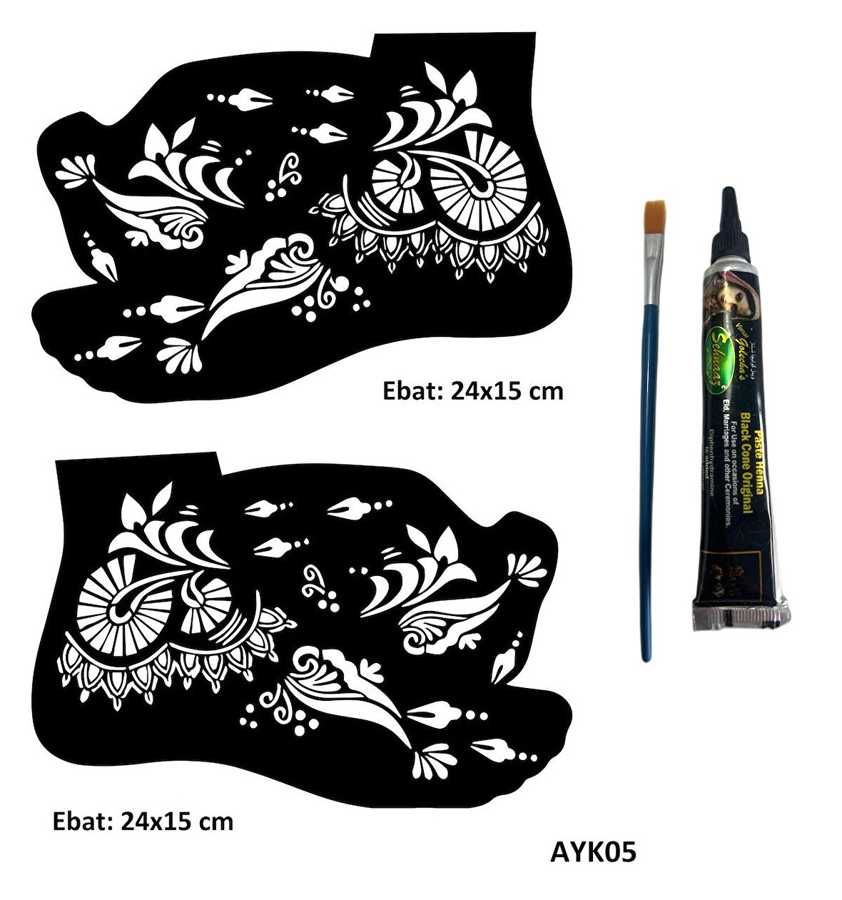 Sümbül Desenleri 2 Adet Ayak Kalıbı ve Siyah Hint Kınası Geçici Dövme Yapma Seti 