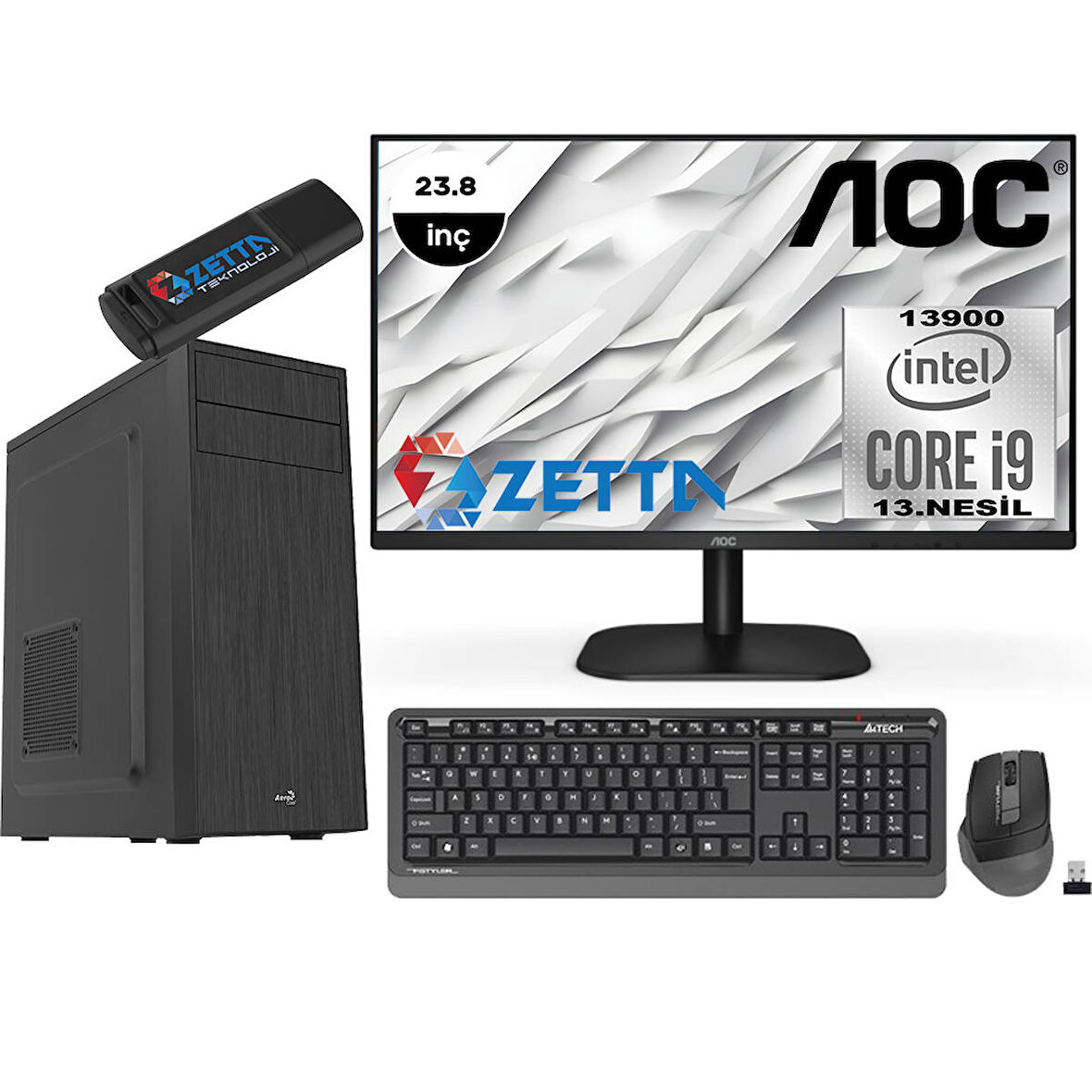 Zetta Expert İntel Core I9 13900 16GB DDR4 1TB M.2 NVME SSD RX550-4GB 23,8" FHD Monitör Windows 11 Pro Masaüstü Bilgisayar MZET55098123 + Zetta Flash Bellek