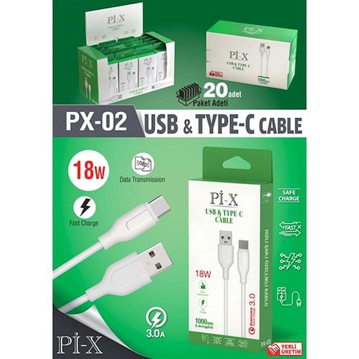 Pİ-X 3.0A 18W Type-C Usb kablo.
