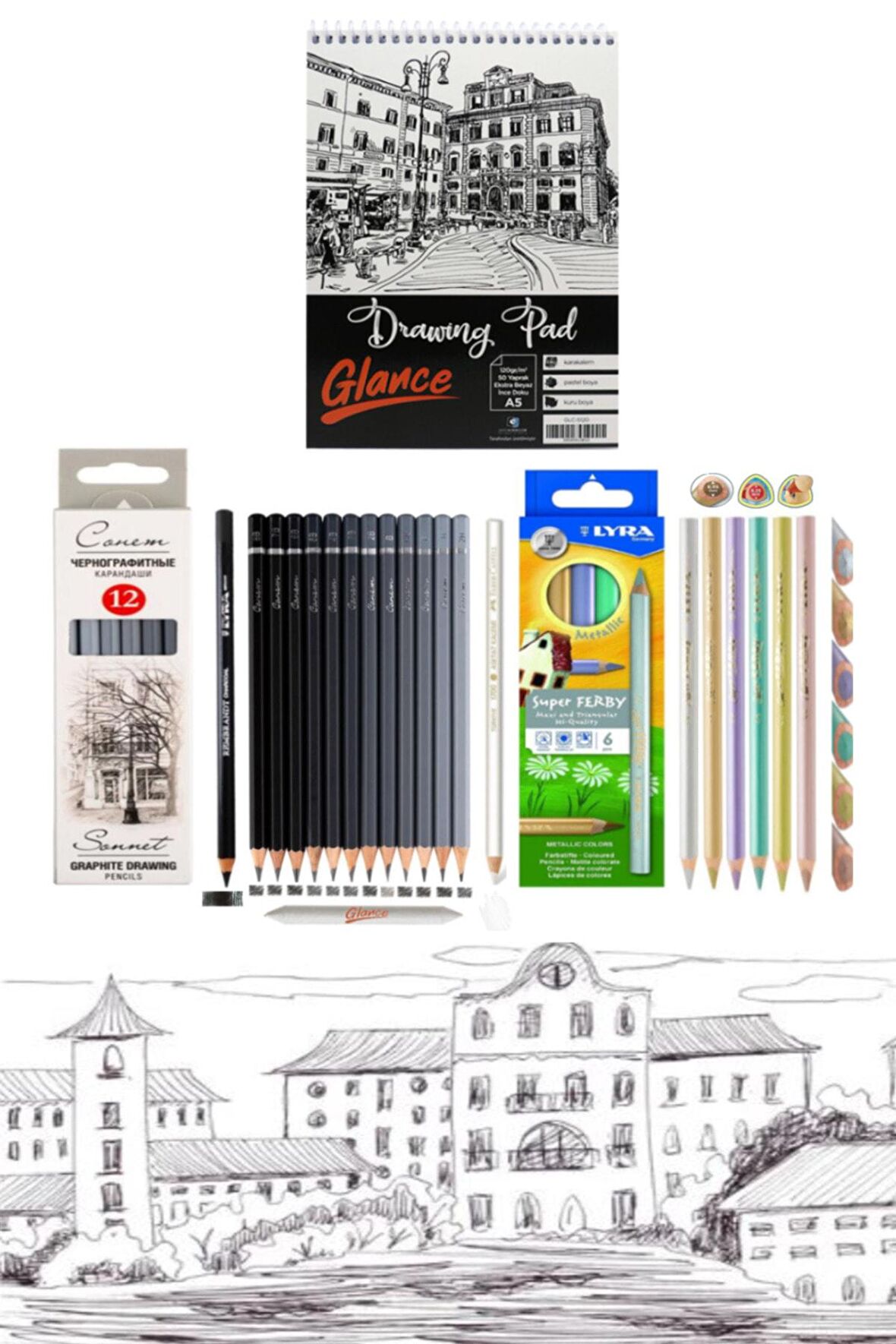 Eskiz Defteri A5 120 Gr St.petersburg Dereceli Kalem 6 Renk Jumbo Metalik Kuru Boya Eskiz Çizim Seti