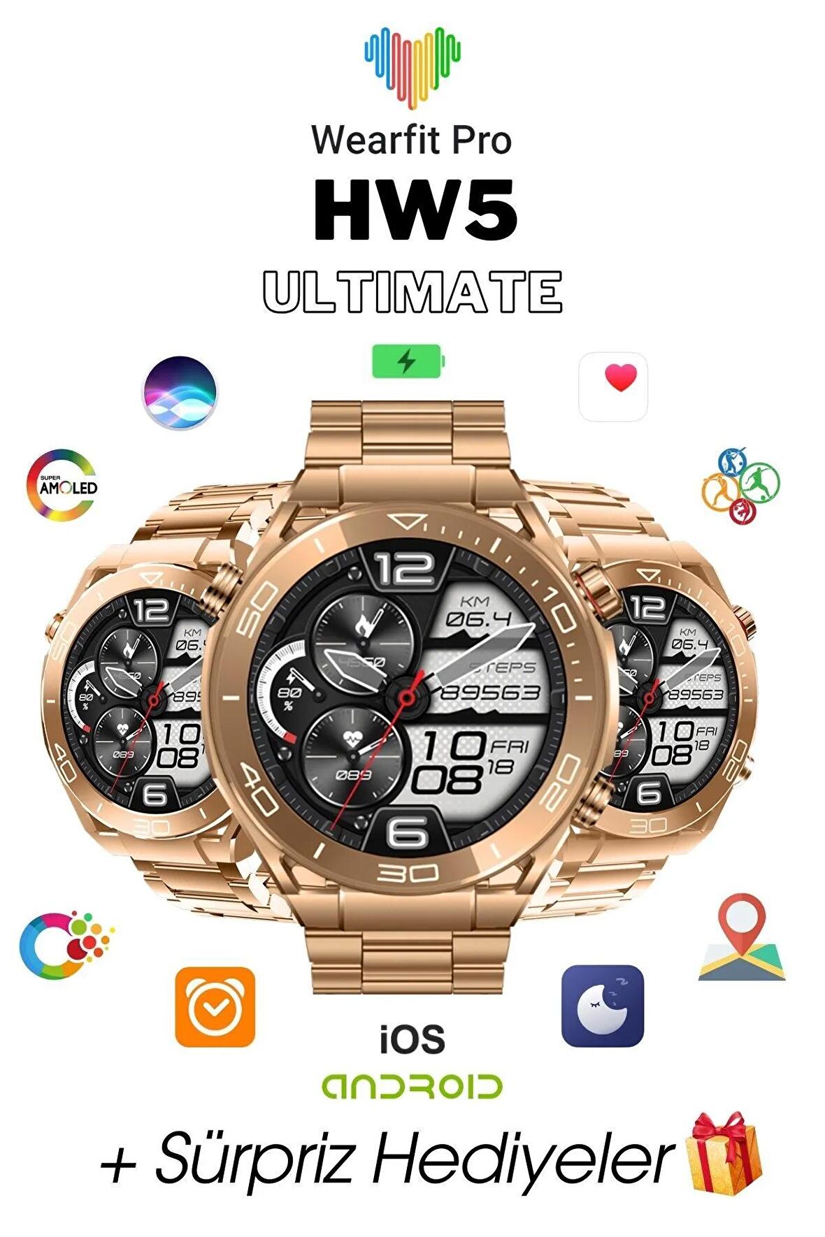 WEARFİT HW5 ULTİMATE  Akıllı Kol Saati  Yuvarlak Model 1.56inç 37mm  AMOLED Ekran (BRONZ GOLD)