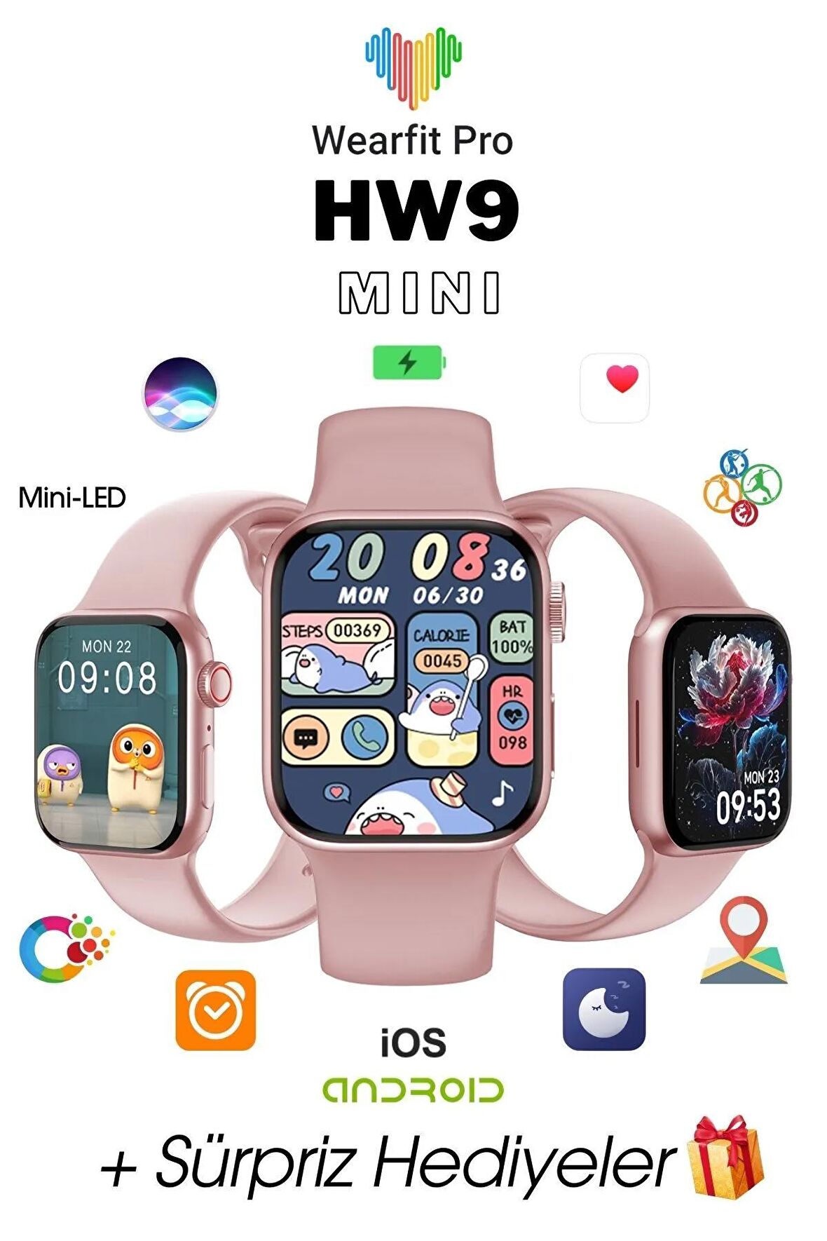 WEARFİT HW9 MİNİ  Akıllı Kol Saati Smart Watch Model:2.05inç 41mm MİNİLED Ekran (PEMBE)