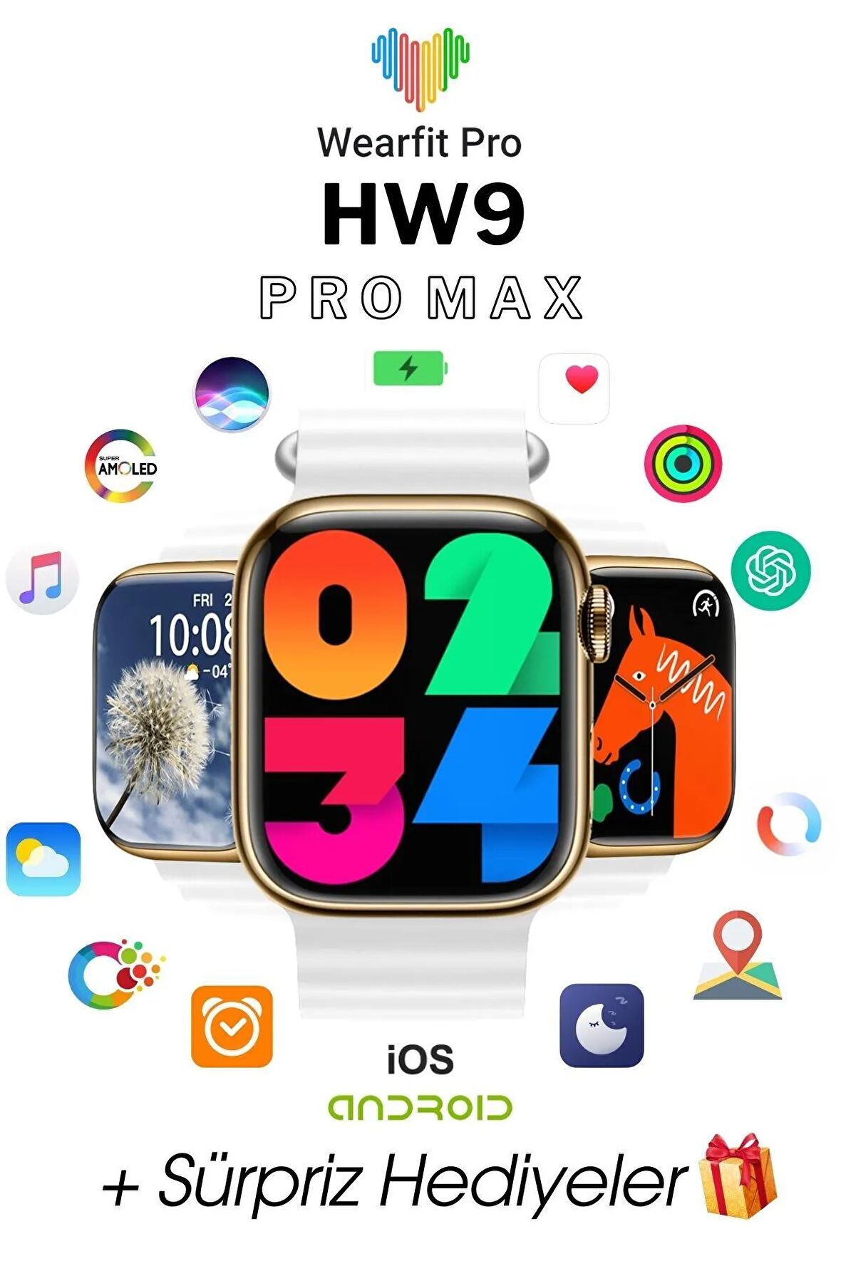 WEARFİT HW9 PRO MAX  Akıllı Kol Saati  Smart Watch Model:inç 45mm AMOLED  Ekran (GOLD)