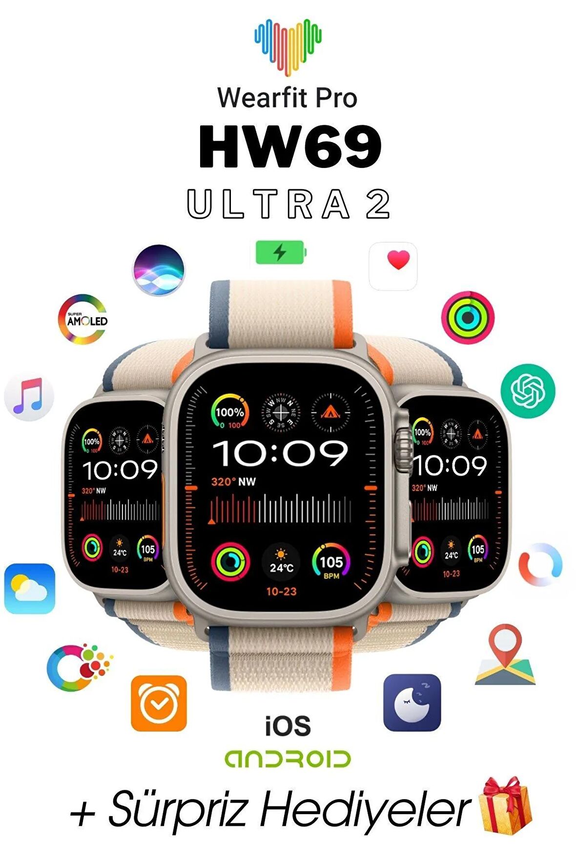 WEARFİT HW69 ULTRA 2  Akıllı Kol Saati Smart Watch Model:inç 49mm AMOLED Ekran (GRİ)