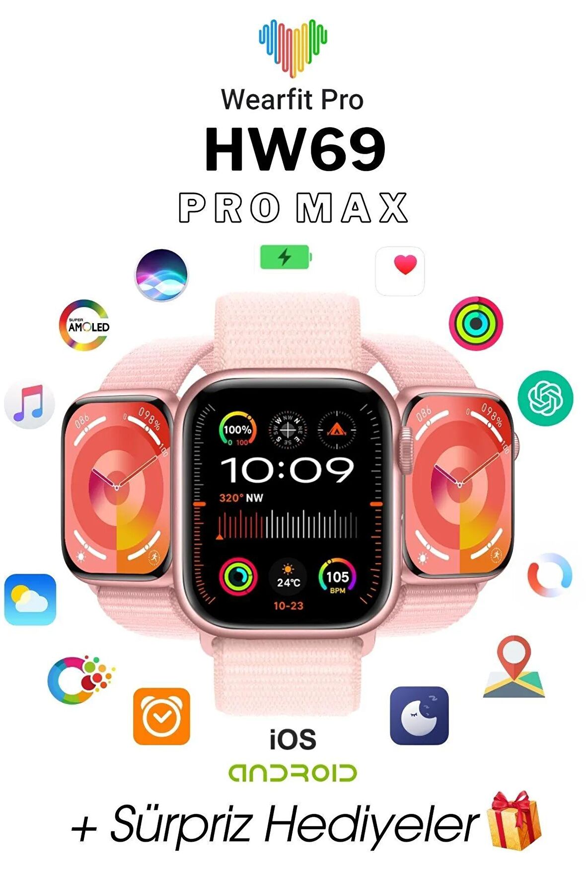 WEARFİT HW69 PRO MAX   Akıllı Kol Saati Smart Watch Model:inç 45mm AMOLED Ekran (ROSE GOLD)