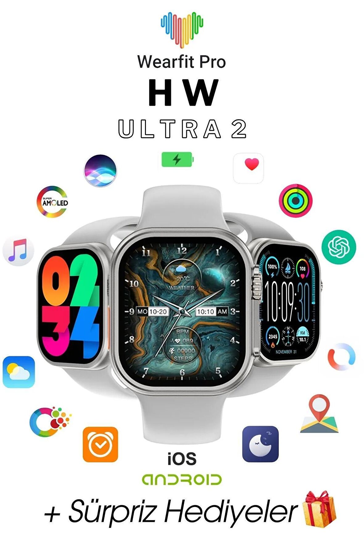 WEARFİT HW ULTRA 2  Akıllı Kol Saati Smart Watch Model:inç 49mm AMOLED Ekran (GRİ)