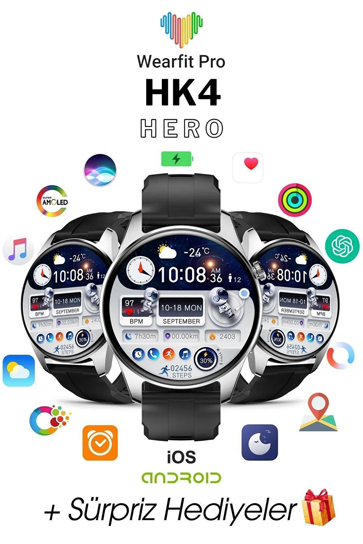 WEARFİT HK4 HERO Akıllı Kol Saati  Yuvarlak Model 1.43inç 37mm AMOLED Ekran (GRİ)