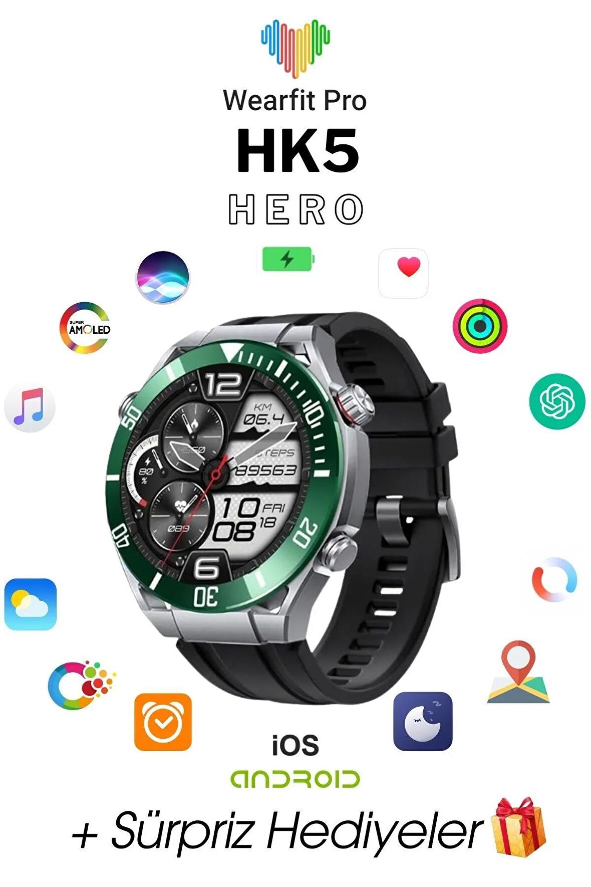 WEARFİT HK5 HERO Akıllı Kol Saati  Yuvarlak Model 1.43inç 37mm AMOLED Ekran (GRİ YEŞİL)