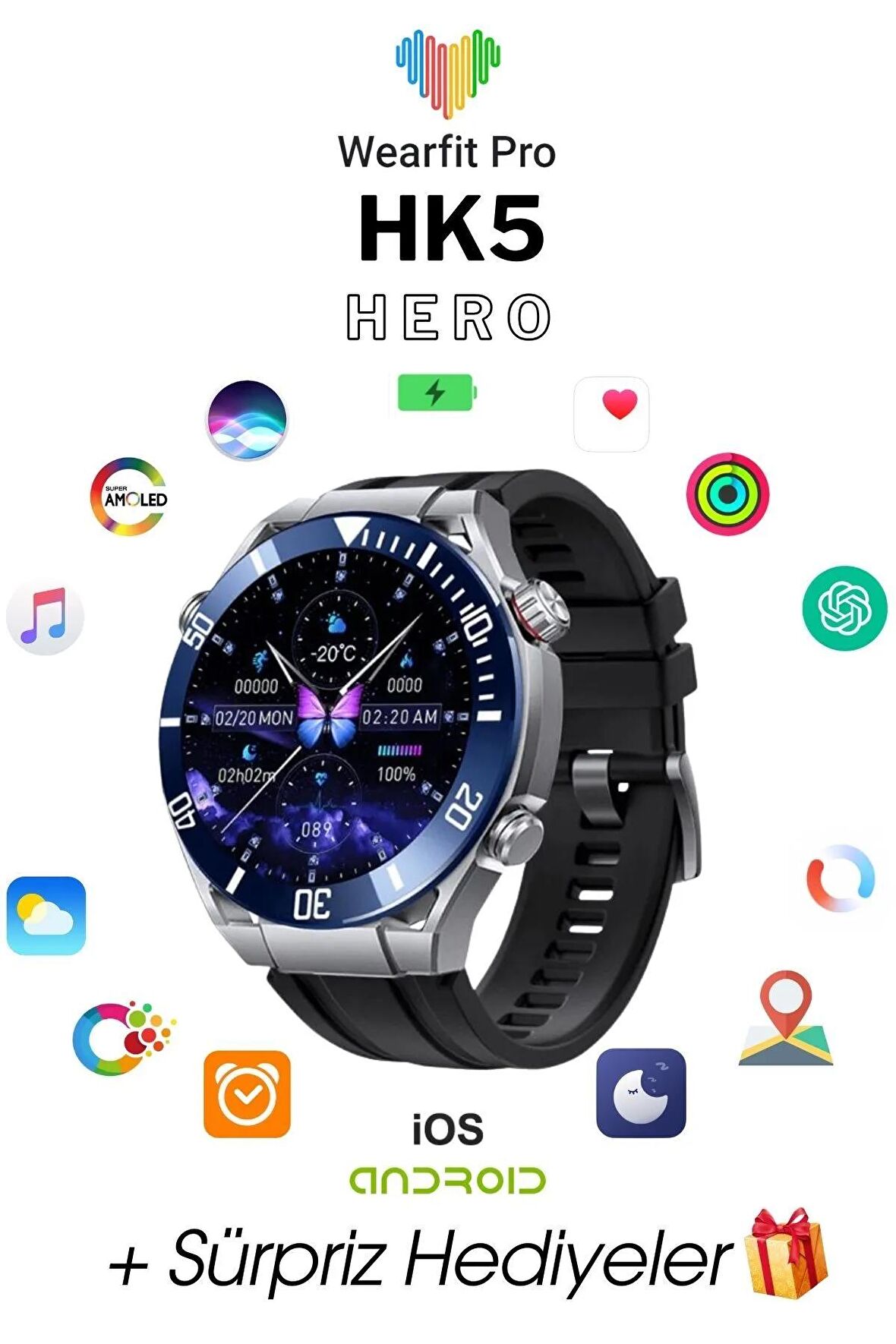 WEARFİT HK5 HERO Akıllı Kol Saati  Yuvarlak Model 1.43inç 37mm AMOLED Ekran (MAVİ)