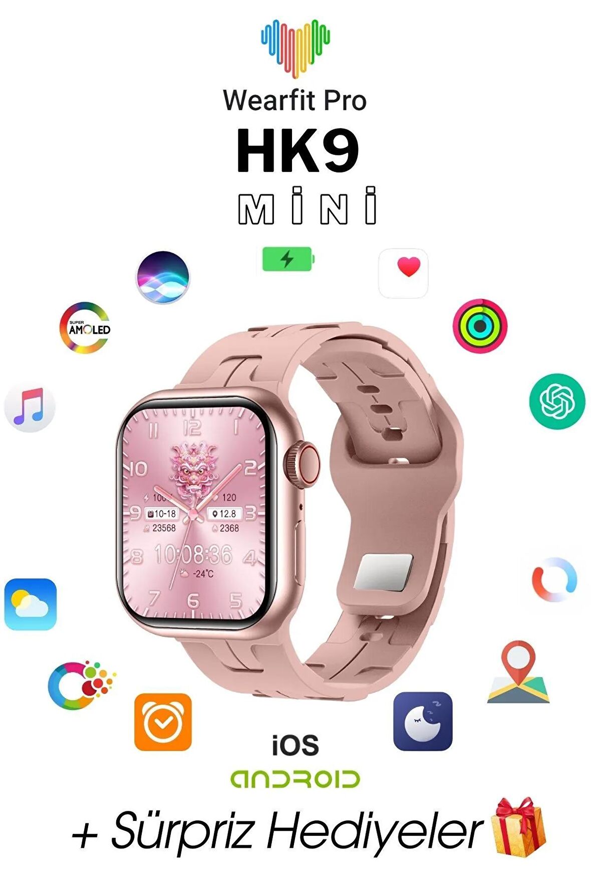 WEARFİT HK9 MİNİ Akıllı Kol Saati Smart Watch Model:inç 42mm AMOLED Ekran (ROSE GOLD)