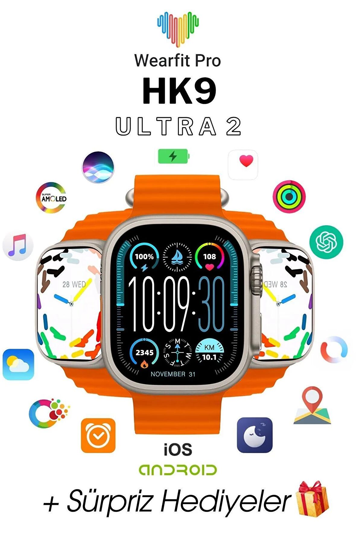 WEARFİT HK9 ULTRA 2  Akıllı Kol Saati Smart Watch Model:inç 49mm AMOLED Ekran (GRİ)