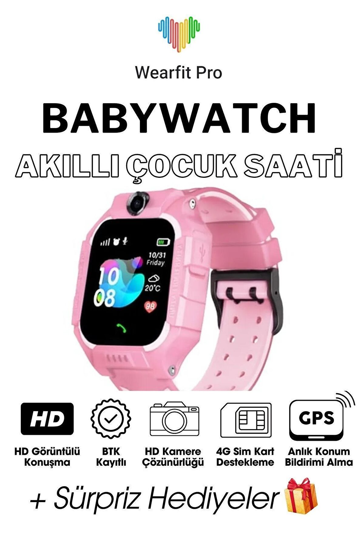 WEARFİT ÇOCUK Akıllı Kol Saati Smart Watch TFT Ekran GPS KAMERA OYUN HESAP ARAMA  BTK KAYITLI PEMBE