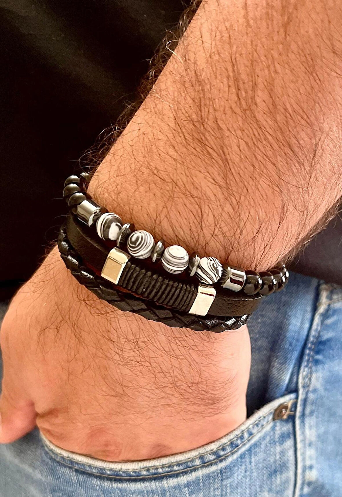 %100 Deri&Hematit Kombinli 3lü Erkek Bileklik Set 22 cm (Türk El Üretimi)