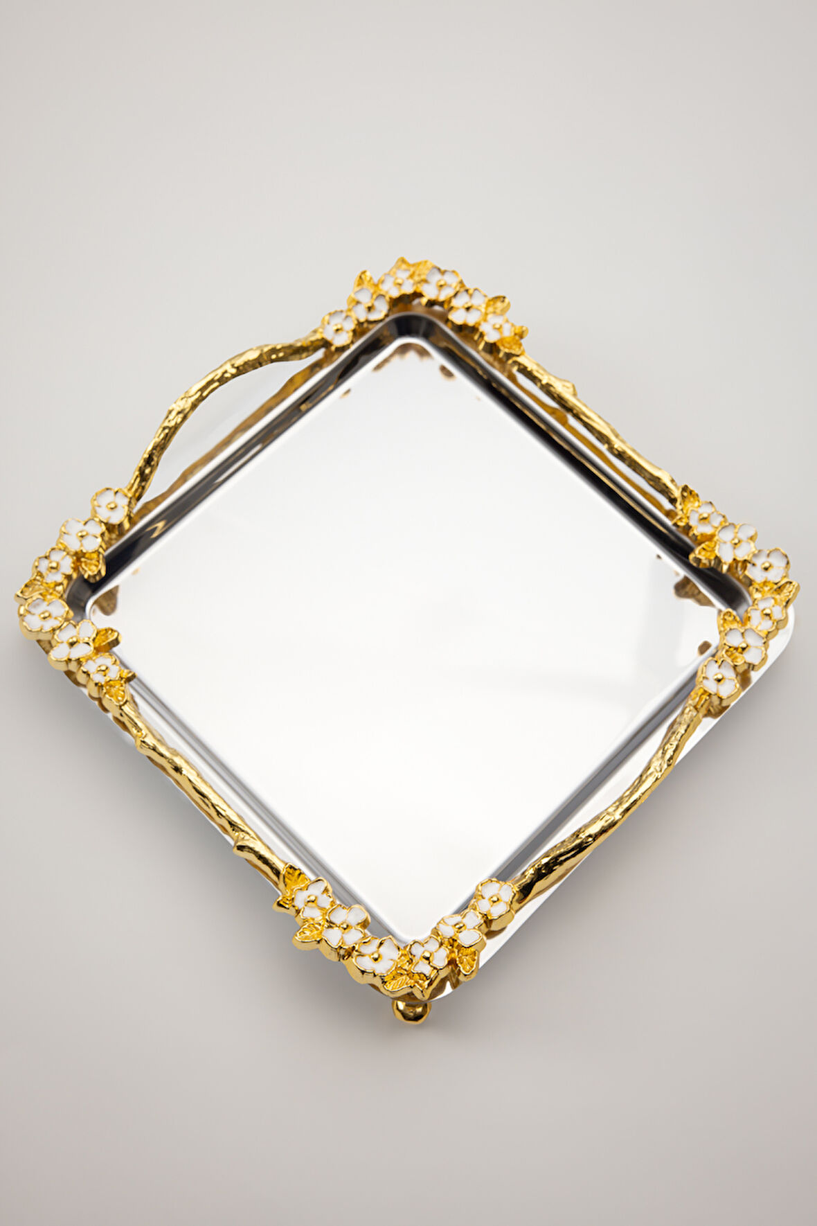 Lüks Kare Çelik Sunum Tepsisi | Gold Renkli Dallı Mineli Çiçekli Ayaklı Paslanmaz Söz Tepsisi 21x21 cm