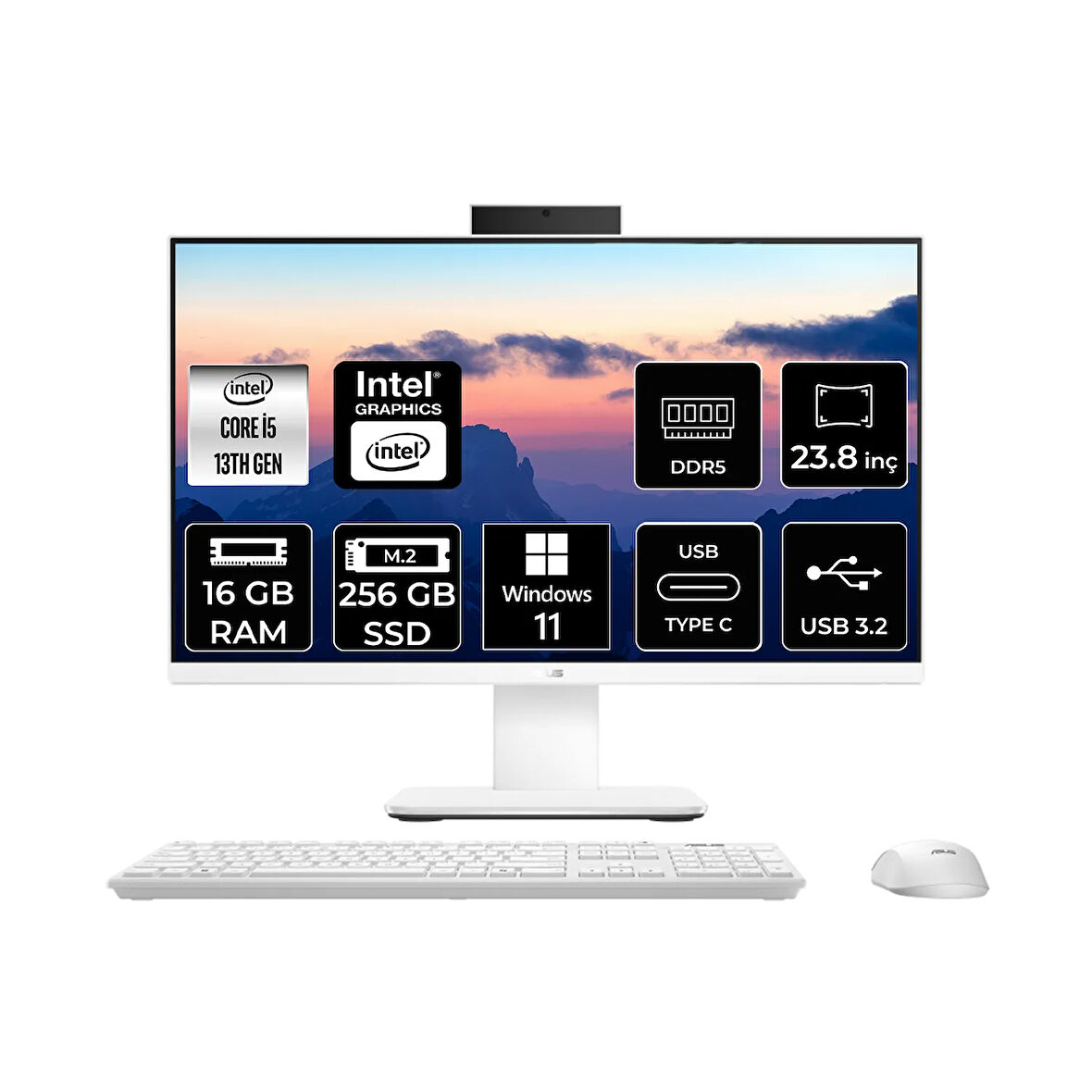 Asus V440 Intel Core i5 13420H 16GB 256GB SSD 23.8" FHD W11P All in One Bilgisayar Beyaz & USB Bellek