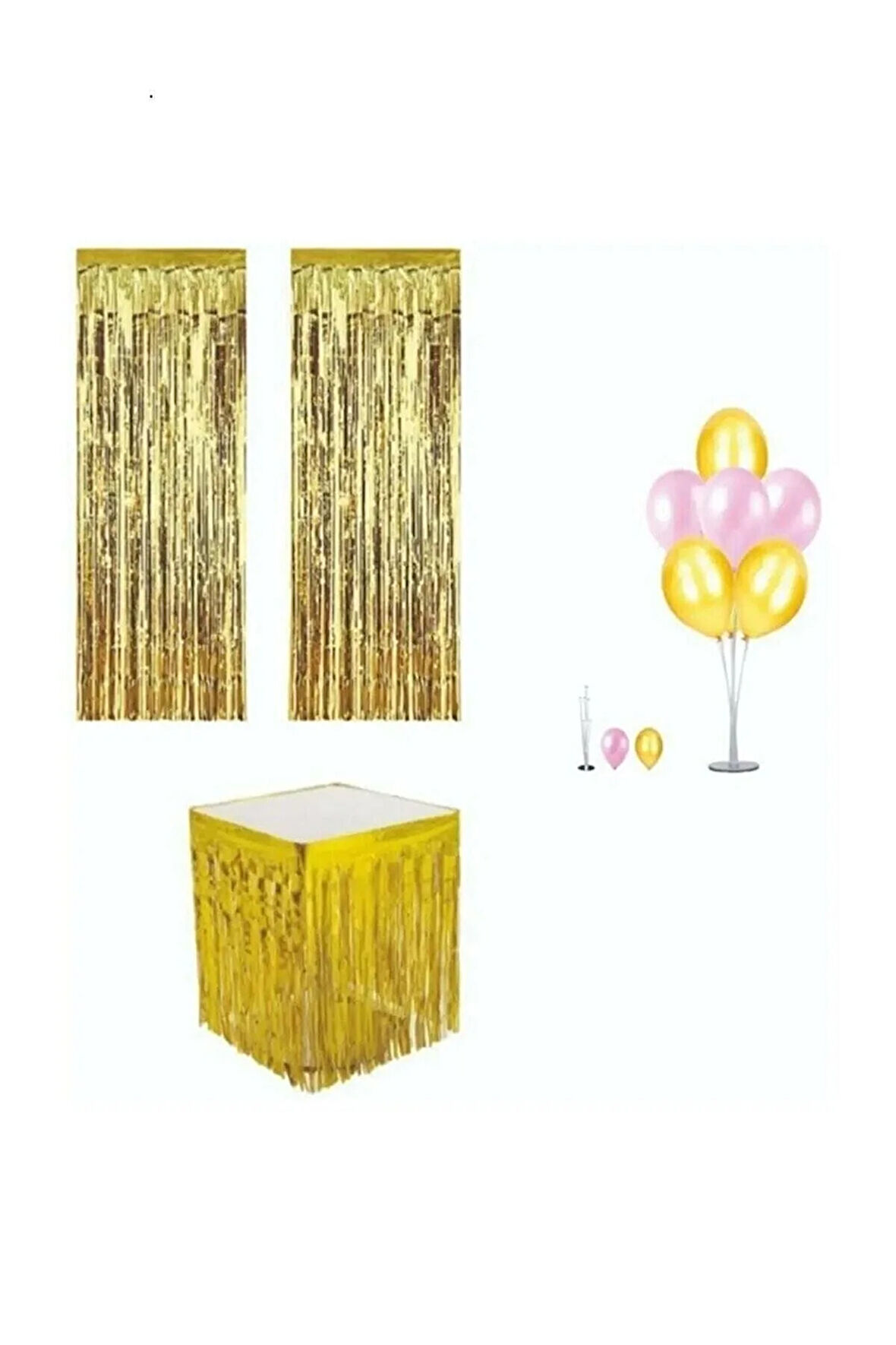 Püsküllü Metalize Gold Masa Eteği Duvar Kapı Perdesi Balon Standı