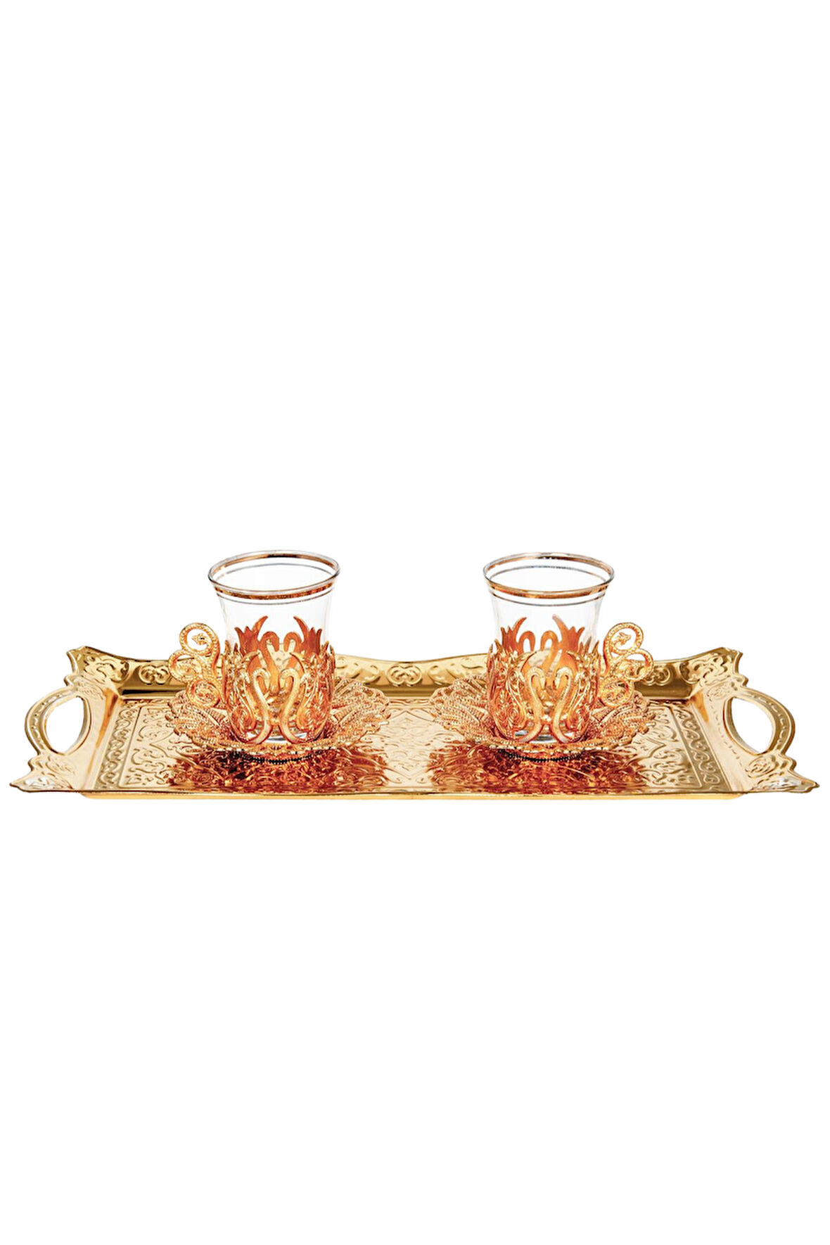 İkili Osmanlı Lale Dekorlu Gold Kuplu Çay Bardağı, Çay Kaşığı & Tepsili