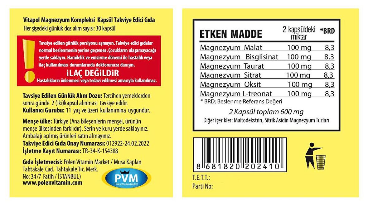 Vitapol Magnezyum Kompleks 3x60 Kapsül Magnesium Complex Malat Bisglisinat Taurat Sitrat Oksit L-Treonat