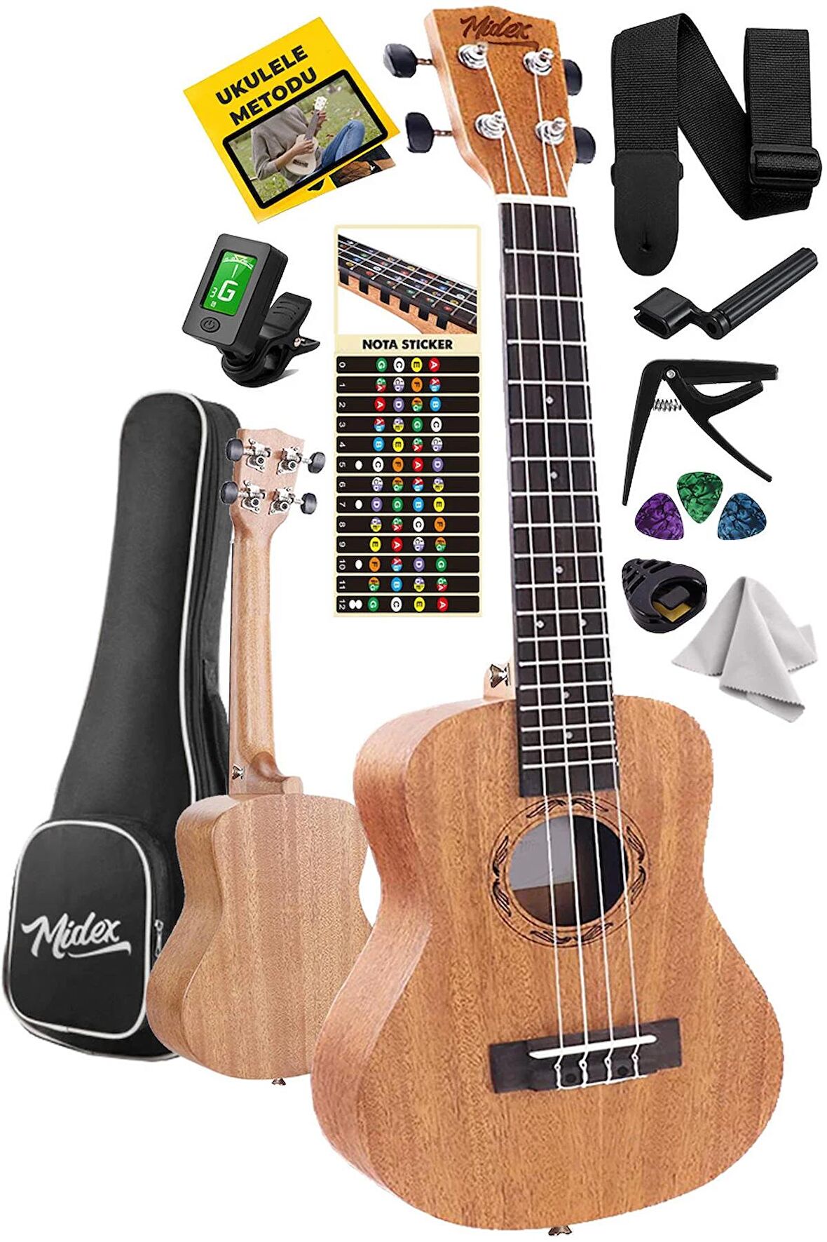 Midex TN-26MC Set Maun Tenör Ukulele (Softcase Tuner Capo Metod Nota Sticker Askı Pena)