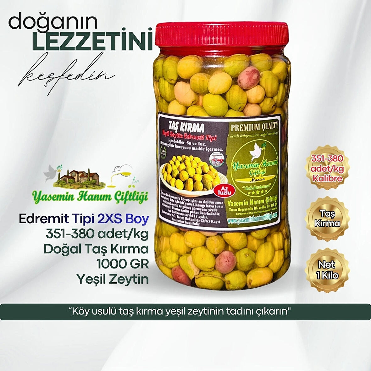 Taş Kırma Yeşil Zeytin – Edremit Tipi 2XS Boy – 1 Kg (351–380 adet/kg)