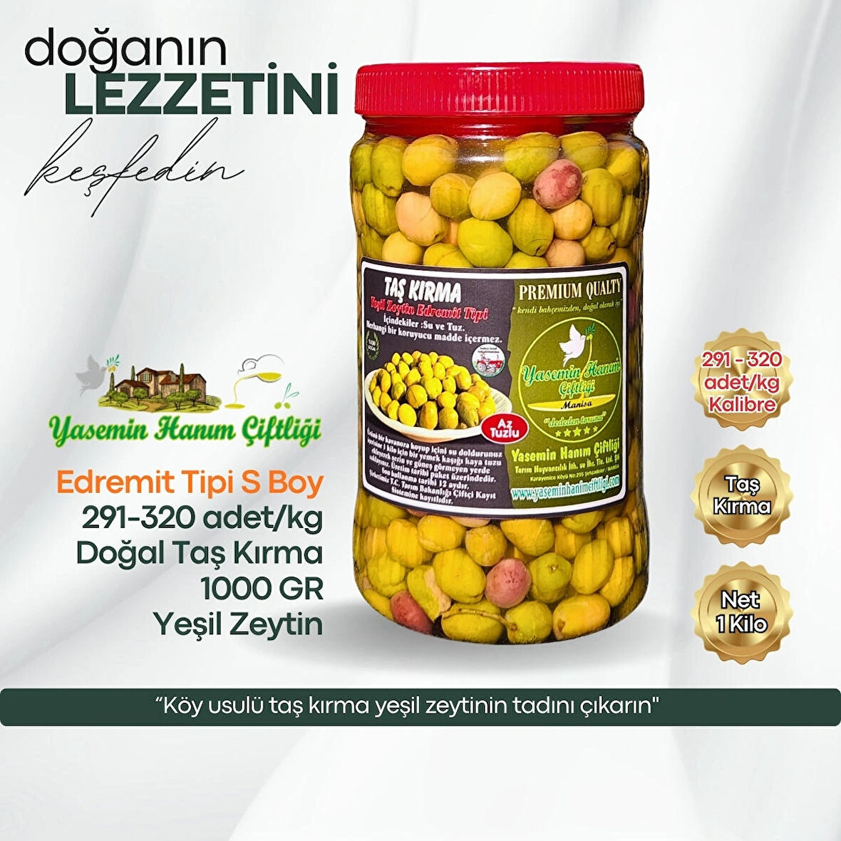 Taş Kırma Yeşil Zeytin – Edremit Tipi S Boy – 1 Kg (291–320 adet/kg)