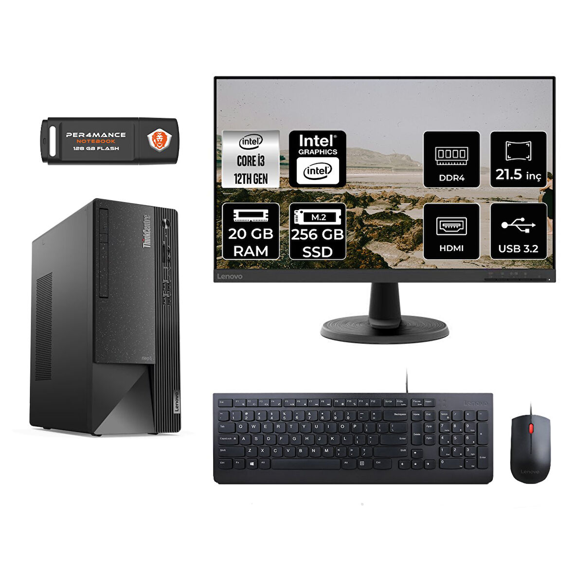LENOVO Neo 50T M01ATXD016 i3 12100 20GB RAM 256GB SSD 21.5" FDOS MASAÜSTÜ PC