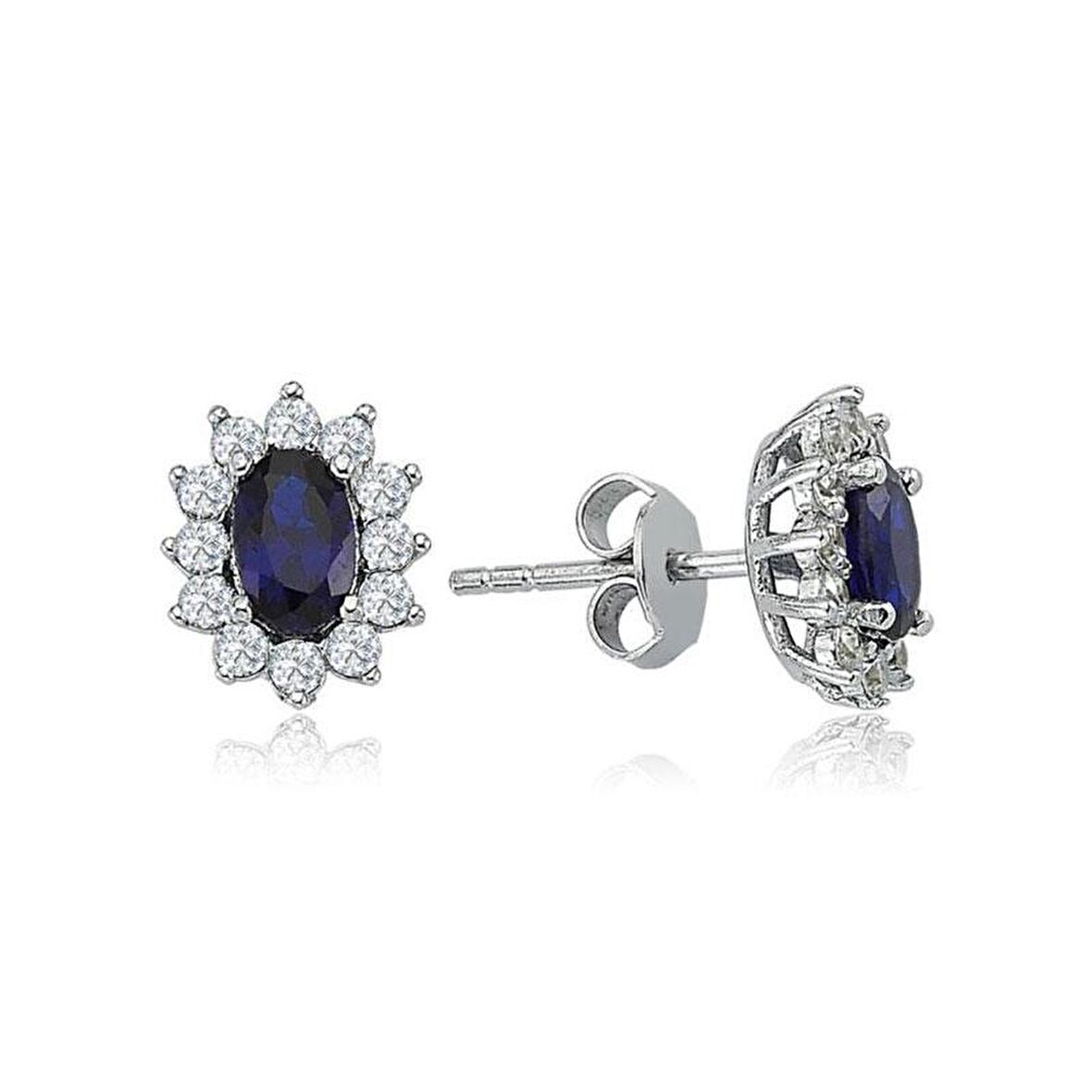 0.48ct Pırlantalı Oval Safir Taşlı Küpe-18k