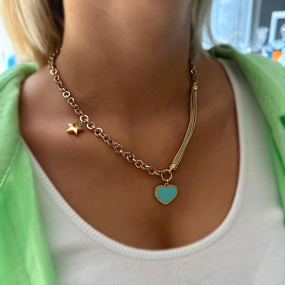 14k Altın Cetaş Eterna Heart&Star Kolye