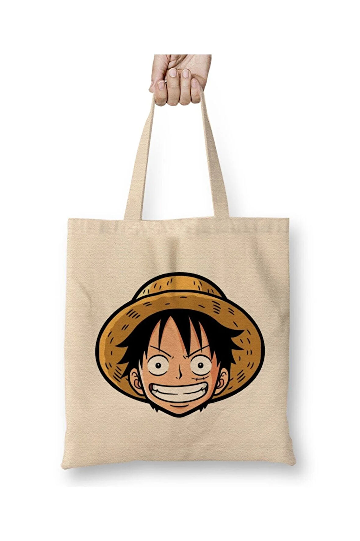 One Piece Hasır Şapkalı Luffy 01 Beyaz Bez Çanta Uzun Saplı Alışveriş Çantası Plaj Çantası