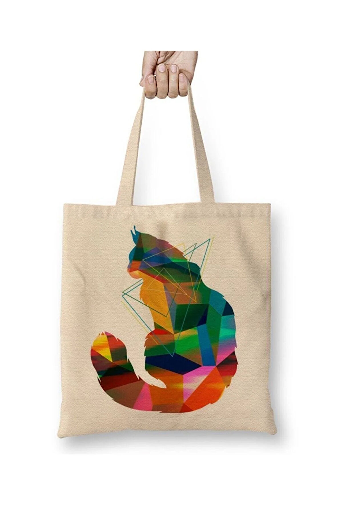 Renkli Cat Kedi Geometrik Beyaz Bez Çanta Uzun Saplı Alışveriş Çantası Plaj Çantası