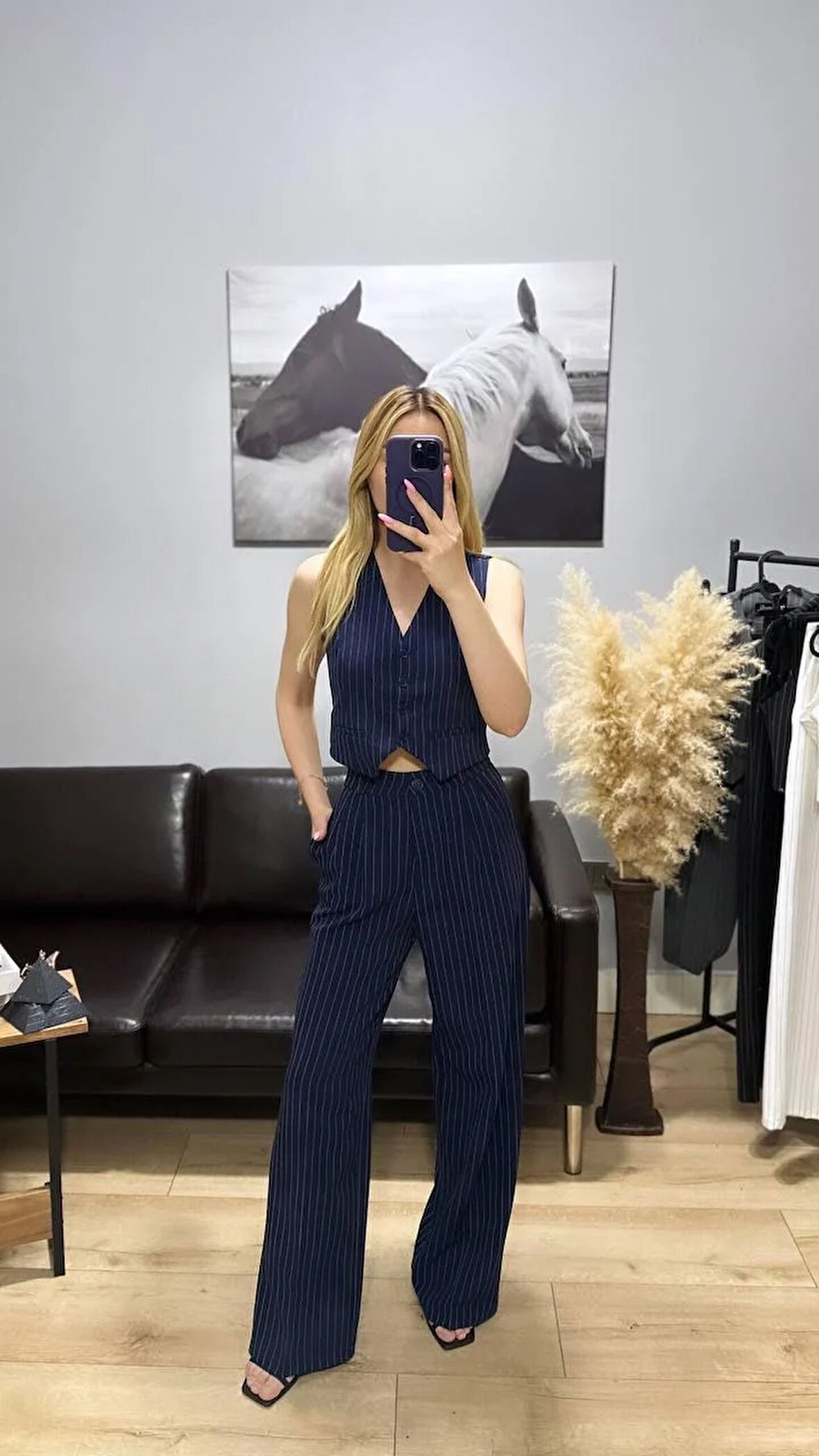 Kadın Lacivert Çizgili Yelek Pantolon Takım