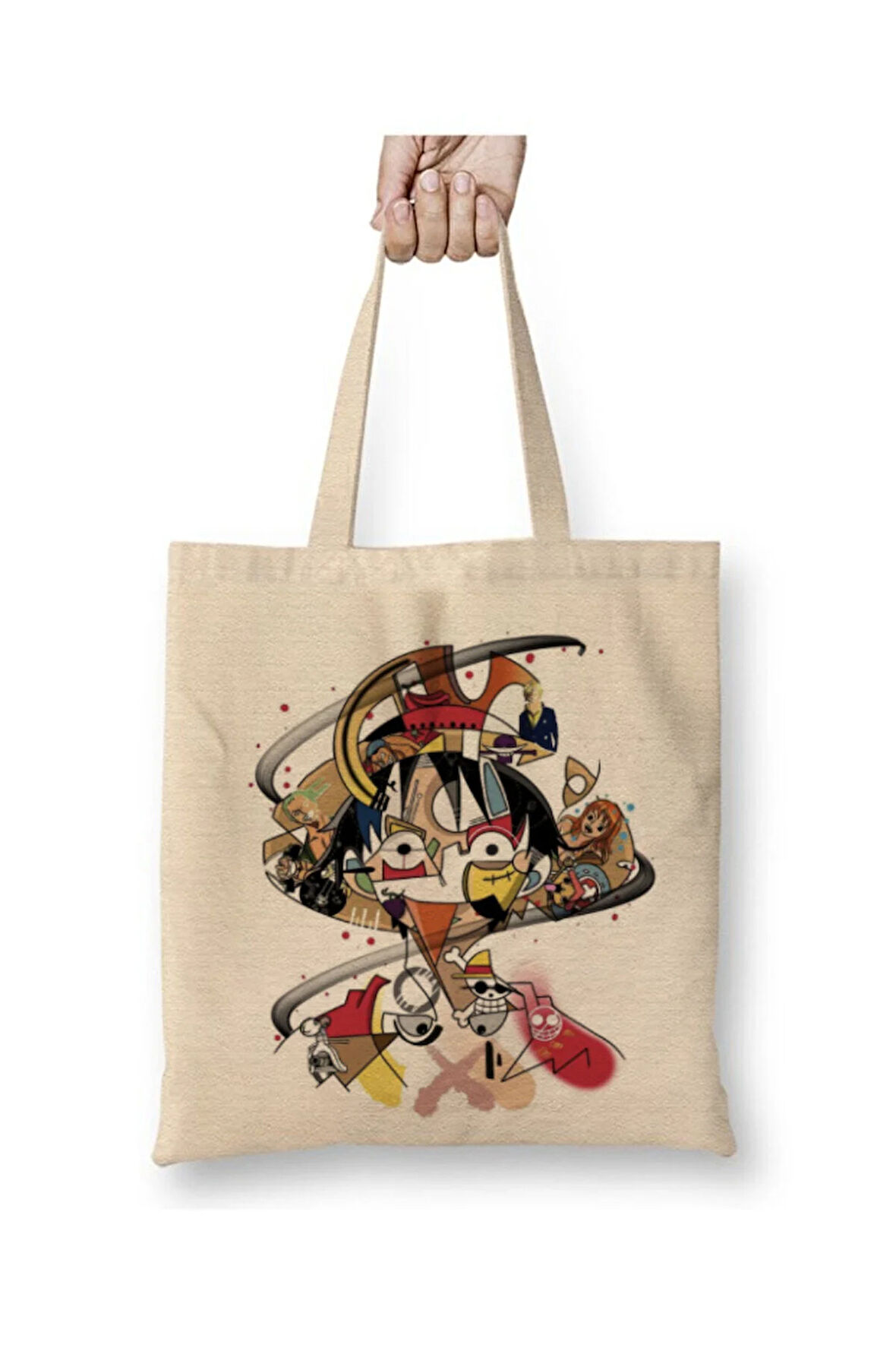 One Piece Hasır Şapkalı Luffy 005 Beyaz Bez Çanta Uzun Saplı Alışveriş Çantası Plaj Çantası