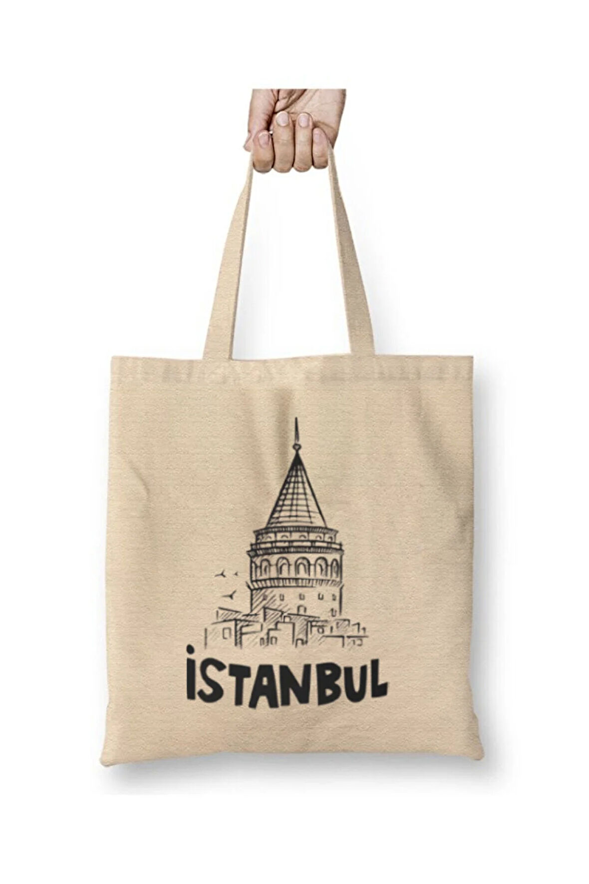 İstanbul Galata Kulesi Temalı Beyaz Bez Çanta Uzun Saplı Alışveriş Çantası Plaj Çantası