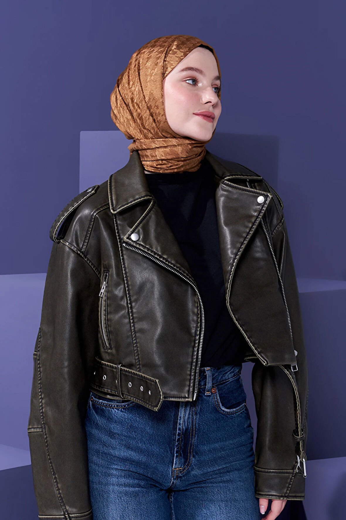 Modakaşmir Mini Kaz Ayağı Desen Karamel kahve Natür jakar Şal