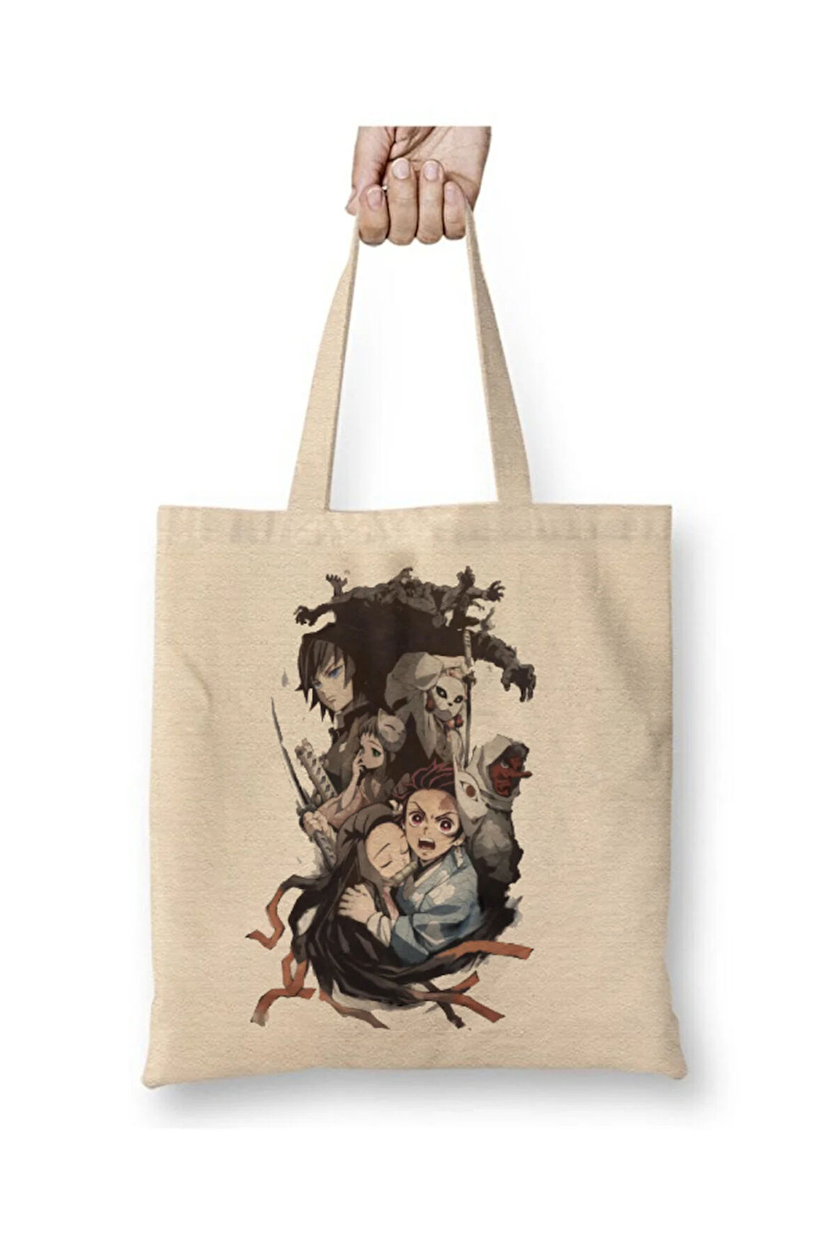 Demon Slayer İblis Keser Anime Beyaz Bez Çanta Uzun Saplı Alışveriş Çantası Plaj Çantası