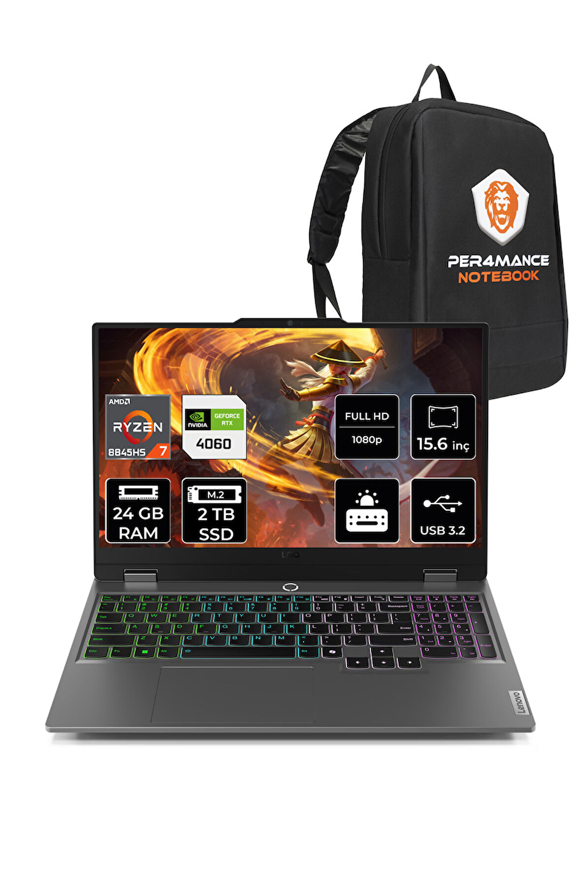 Lenovo LOQ AI R7 8845HS 24GB 2TB SSD RTX4060/8GB 115W FHD 15.6" FDOS Gaming Laptop & PER4 ÇANTA